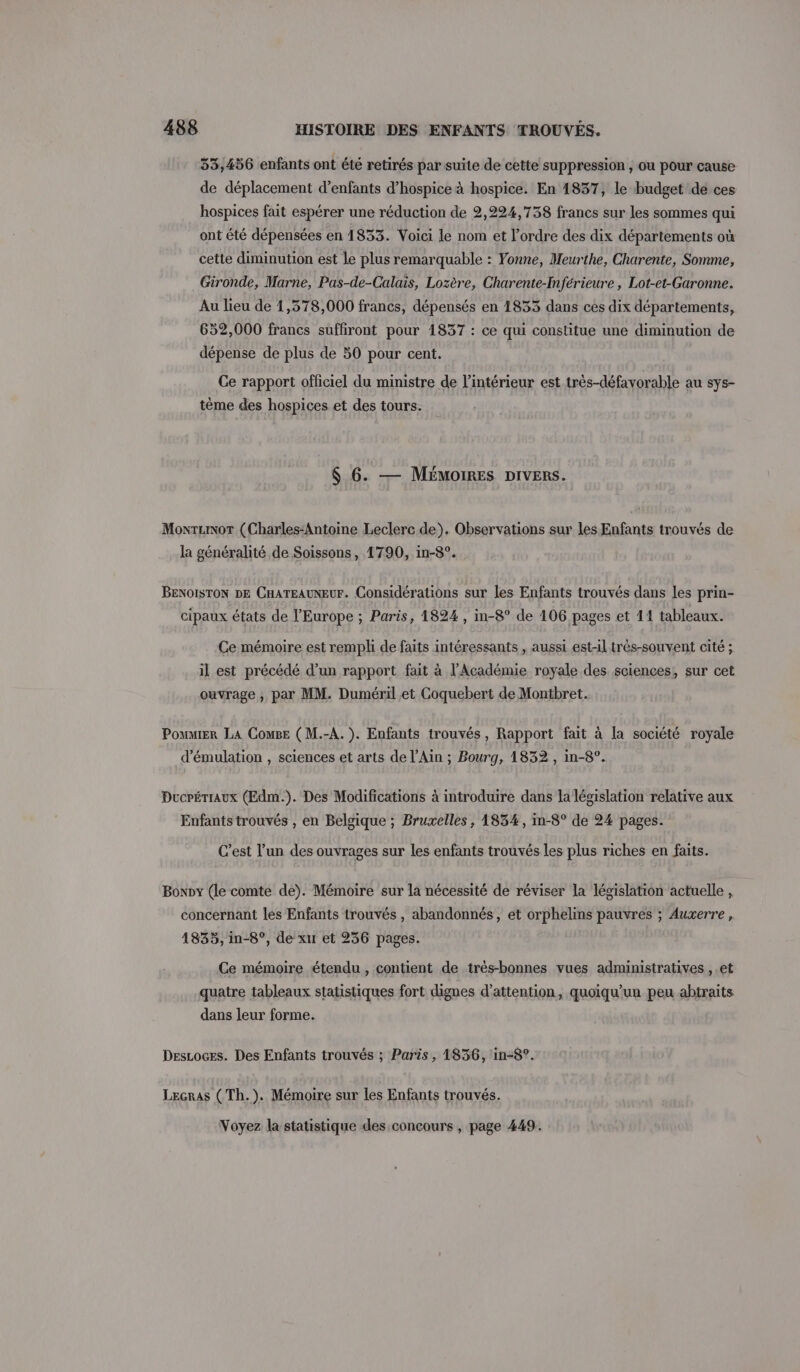 53,456 enfants ont été retirés par suite de cette suppression , ou pour cause de déplacement d'enfants d’hospice à hospice. En 1837, le budget de ces hospices fait espérer une réduction de 2,224,738 francs sur les sommes qui ont été dépensées en 1833. Voici le nom et l’ordre des dix départements où cette diminution est le plus remarquable : Yonne, Meurthe, Charente, Somme, Gironde, Marne, Pas-de-Calais, Lozère, Charente-Inférieure, Lot-et-Garonne. Au lieu de 1,378,000 francs, dépensés en 1833 dans ces dix départements, 652,000 francs suffiront pour 1837 : ce qui constitue une diminution de dépense de plus de 50 pour cent. Ce rapport officiel du ministre de l’intérieur est très-défavorable au sys- tème des hospices et des tours. $ 6. — Mémoires DIVERS. Moxruor (Charles:Antoine Leclerc de). Observations sur les Enfants trouvés de la généralité de Soissons, 1790, in-8°. BENOISTON DE CHATEAUNEUF. Considérations sur les Enfants trouvés dans les prin- cipaux états de l’Europe ; Paris, 1824 , in-8° de 106 pages et 11 tableaux. Ce mémoire est rempli de faits intéressants , aussi est-il très-souvent cité ; il est précédé d’un rapport fait à l’Académie royale des sciences, sur cet ouvrage, par MM. Duméril et Coquebert de Montbret. Pouuwrer La Comee (M.-A. ). Enfants trouvés, Rapport fait à la société royale d’émulation , sciences et arts de l'Ain ; Bourg, 1832, in-8°. Ducrériaux (Edm.). Des Modifications à introduire dans la législation relative aux Enfants trouvés , en Belgique ; Bruxelles, 1834, in-8° de 24 pages. C’est l’un des ouvrages sur les enfants trouvés les plus riches en faits. Bonpy (le comte de). Mémoire sur la nécessité de réviser la législation actuelle , concernant les Enfants trouvés, abandonnés, et orphelins pauvres ; Auxerre, 1835, in-8°, de xu et 236 pages. Ce mémoire étendu , contient de très-bonnes vues administratives ,.et quatre tableaux statistiques fort dignes d'attention, quoiqu'un peu abtraits dans leur forme. DesLoces. Des Enfants trouvés ; Paris, 1836, in-8°. Lecras (Th.). Mémoire sur les Enfants trouvés. Voyez la statistique des concours , page 449.