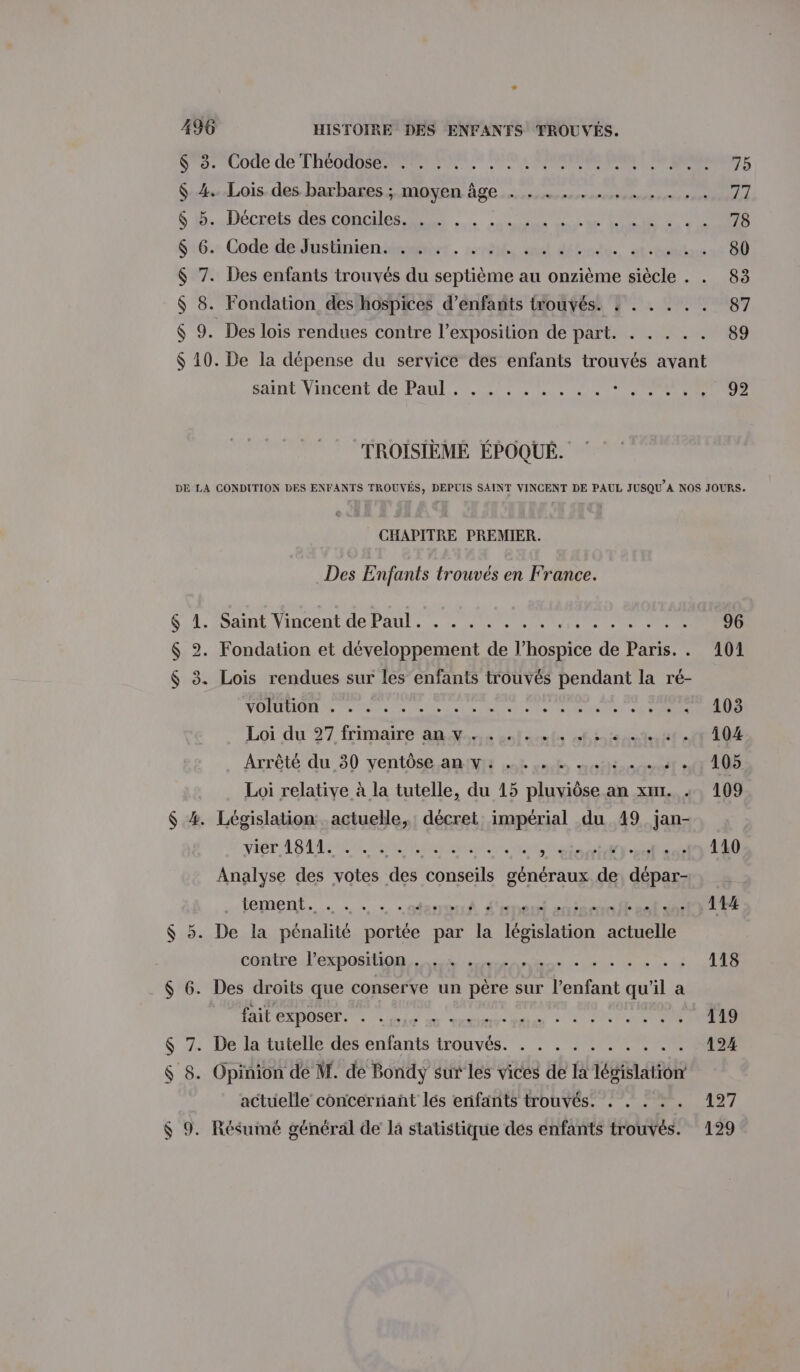 - 496 HISTOIRE DES ENFANTS TROUVÉS. V9. Code de THÉODORE PEN 2 ES RER RL 75 $ 4. Lois des barbares ; moyen âge . . . ........ .. 77 S M-DéCrELS Dei COLIS. D LOU Ne 78 S:6.- Code ednstinientémrt, 2816. ul délondo. 4t-bahare 80 $ 7. Des enfants trouvés du septième au onzième siècle . . 83 $ 8. Fondation des hospices d'enfants trouvés. : . . . . . 87 $ 9. Des lois rendues contre l'exposition de part. . . . . . 89 $ 10. De la dépense du service des enfants trouvés avant santiVicent de Paul) OP EE 92 TROISIÈME ÉPOQUÉ. DE LA CONDITION DES ENFANTS TROUVÉS, DEPUIS SAINT VINCENT DE PAUL JUSQU’A NOS JOURS. CHAPITRE PREMIER. Des Enfants trouvés en France. 1: On Vincent de Paul... :. Sean fee Lette el 96 $ $ 2. Fondation et développement de l’hospice de Paris. . 101 $ 3. Lois rendues sur les enfants trouvés pendant la ré- NOR S nee tee perl ete TRIER «8 EU . 103 Loi du 27 frimaire an... fuite sf one nerf 104 Arrèté du 30 ventôse an:v: 4. . n is « 4 .. 105 Loi relative à la tutelle, du 15 pluviôse an xur. + 109 $ 4. Législation actuelle, décret impérial du 49 jan- Liu RUE PAL NE EE LE APN C ySadtsy Et 110 Analyse des votes des conseils généraux de dépar- , : tement. .… .. . + . otarratrÀ L'aneut enteco tete 14 $ 5. De la pénalité portée par la législation actuelle copies SE ns Ge de à 118 $ 6. Des droits que conserve un père sur l’enfant qu’il a PAPER ES Le veus ae : le ANNLOOTUR 119 $ 7. De la tutelle des enfants trouvés. . . . . . . . . . . 124 $ 8. Opinion de M. de Bondy sur les vices de la législation actuelle concernant lés enfants trouvés. . . . : . 127 $ 9. Résumé général de là statistique dés enfants trouvés. 129