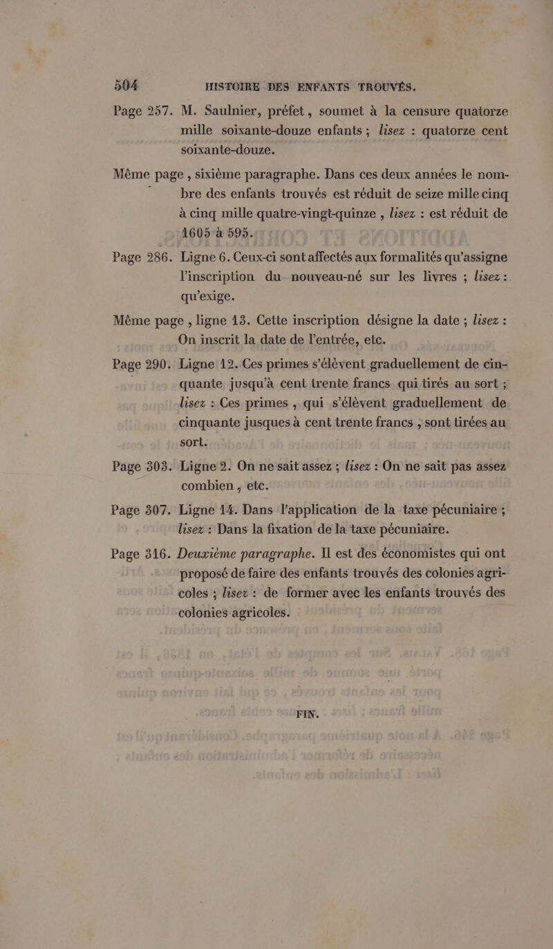 Page 257. M. Saulnier, préfet, soumet à la censure quatorze mille soixante-douze enfants ; lisez : quatorze cent soixante-douze. Même page, sixième paragraphe. Dans ces deux années le nom- , bre des enfants trouvés est réduit de seize mille cinq à cinq mille quatre-vingt-quinze , lisez : est réduit de 1605 à 595. Page 286. Ligne 6. Ceux-ci sont affectés aux formalités qu’assigne l'inscription du nouveau-né sur les livres ; lisez : qu'exige. Même page , ligne 13. Cette inscription désigne la date ; lisez : On inscrit la date de l’entrée, etc. Page 290. Ligne 12. Ces primes s'élèvent graduellement de cin- quante jusqu’à cent trente francs qui tirés au sort ; lisez : Ces primes , qui s'élèvent graduellement de cinquante jusques à cent trente francs , sont Lirées au sort. Page 303. Ligne 2. On ne sait assez ; lisez : On ne sait pas assez combien , etc. Page 307. Ligne 14. Dans l’application de la taxe pécuniaire ; lisez : Dans la fixation de la taxe pécuniaire. Page 316. Deuxième paragraphe. Il est des économistes qui ont proposé de faire des enfants trouvés des colonies agri- coles ; lisez : de former avec les enfants trouvés des colonies agricoles. | FIN.