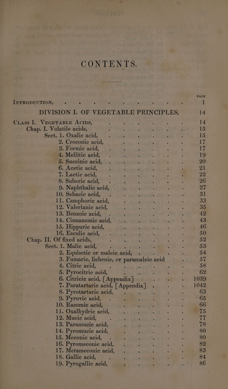 INTRODUCTION, CONTENTS. — CO OATH NS oo Ww Oxalic acid, Sect. l. Saal SOMDIAAPWP, Malic acid, Equisetic or maleic acid, Citric acid,