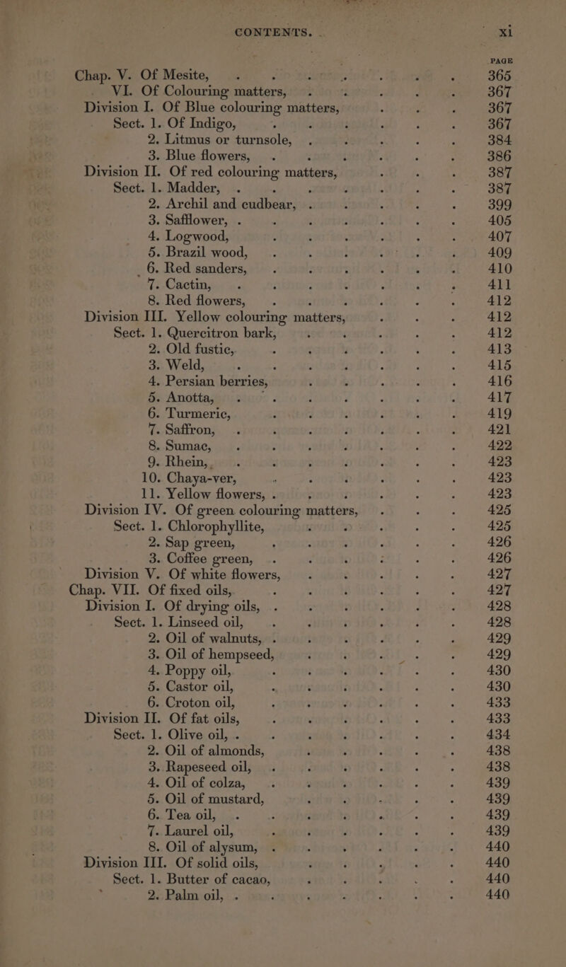 Chap. V. Of Mesite, VL. Of Colouring fhatters; : Division I. Of Blue colouring matters, Sect. 1. Of Indigo, 2. Litmus or turnsole, 3. Blue flowers, : Division II. Of red colouring navaee Sect. 1. Madder, : . Archil and este: . Safflower, . Log wood, . Brazil wood, . Red sanders, . Cactin, . Red flowers, Division III. Yellow colouring sesh Sect. 1. Quercitron bark, 2. Old fustic, 3. Weld, 4. Persian berries, 5. Anotta, 6. Turmeric, 7 8 DAMA Wd . Saffron, . Sumac, 9. Rhein, . 10. Chaya-ver, 11. Yellow flowers, . Division IV. Of green colouring matters, Sect. 1. Chlorophyllite, 2. Sap green, 3. Coffee green, Division V. Of white flowers, Chap. VII. Of fixed oils, Division I. Of drying oils, Sect. 1. Linseed oil, . Oil of walnuts, . - Oil of hempseed, - Poppy oil, . Castor oil, . Croton oil, Division II. Of fat oils, Sect. 1. Olive oil, . . Oil of almonds, - Rapeseed oil, . Oil of colza, - Oil of mustard, Tea oil, . Laurel oil, . Oil of alysum, Division III. Of solid oils, Sect. 1. Butter of cacao, 2. Palm oil, OH Or &amp; OS bo DIRBAPwD .PAGE 365 367 367 367 384 386 387 387 399 405 407 409 410 411 412 412 412 413 415 416 417 49 421 422 423 423 423 425 425 426 426 427 427 428 428 429 429 430 430 433 433 434 438 438 439 439 439 439 440 440 440 440