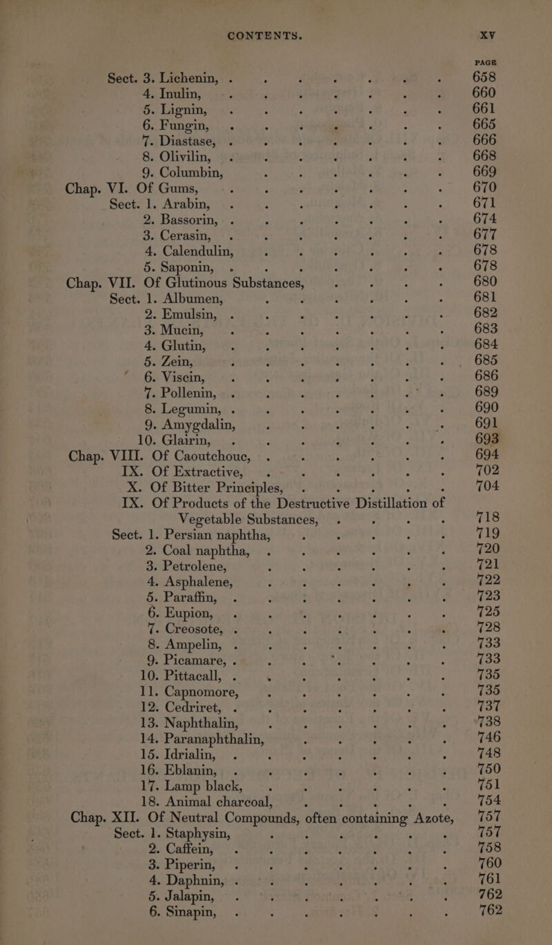 Sect. 3. Lichenin, . 4. Inulin, 5. Lignin, 6. Fungin, 7. Diastase, 8. Olivilin, 9. Columbin, Chap. VI. Of Gums, Sect. 1. Arabin, 2. Bassorin, . 3. Cerasin, . 4. Calendulin, 5. Saponin, . Chap. VII. Of Glutinous Substances Sect. 1. Albumen, Emulsin, Mucin, Glutin, Zein, Viscin, - Pollenin, Legumin, . . Amygdalin, . Glairin, Chap. VIII. Of Caoutchouc, IX. Of Extractive, X. Of Bitter Principles, Sona Reyer — Vegetable Substances, . Persian naphtha, . Coal naphtha, Petrolene, Asphalene, Paraffin, Eupion, . Creosote, . . Ampelin, . . Picamare, . 10. Pittacall, 11. Capnomore, 12. Cedriret, . 13. Naphthalin, 14. Paranaphthalin, 15. Idrialin, : 16. Eblanin, 17. Lamp black, 18. Animal ehareoal! Sect. OOIHARWN Sect. 1. Staphysin, 2. Caffein, 3. Piperin, 4. Daphnin, . 5. Jalapin, 6. Sinapin, 658 660 661 665 666 668 669 670 671 674 677 678 678 680 681 682 683 684 686 689 691 693 704 718 725 728 762