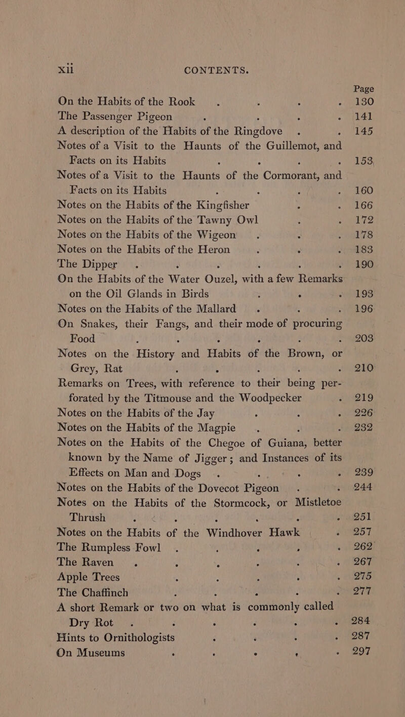 On the Habits of the Rook The Passenger Pigeon A description of the Habits of the Hingdore Notes of a Visit to the Haunts of the Guillemot, a Facts on its Habits Notes of a Visit to the Haunts of fe Conhmane bad Facts on its Habits ; ; Notes on the Habits of the Kingtther i Notes on the Habits of the Tawny Owl Notes on the Habits of the Wigeon Notes on the Habits of the Heron ‘ The Dipper On the Habits of the aie Oe with a few Remanke on the Oil Glands in Birds  A Notes on the Habits of the Mallard . : On Snakes, their Fangs, and their mode of sig Food : 4 ; Notes on the History and Habits of the Blown: or Grey, Rat : . Remarks on Trees, with reference to their being per- forated by the Titmouse and the Woodpecker Notes on the Habits of the Jay Notes on the Habits of the Magpie Notes on the Habits of the Chegoe of Giltahel panes known by the Name of Jigger; and Instances of its Effects on Man and Dogs Notes on the Habits of the Dovecot Pigeon Notes on the Habits of the Stormcock, or Mistletoe Thrush SEB ° Notes on the Habits of the Windhorst Hawk The Rumpless Fowl . : : , The Raven . 2 . Apple Trees : : . The Chaffinch 7 A A short Remark or two on what is Seely called Dry Rot. : : : : Hints to Draikatopists : . On Museums ‘ ‘ - ; Page 130 141 145 153, 160 166 172 178 183 190 193 196 203 210 219 226 232 239 244 251 257 262 267 215 oie 284 287 297