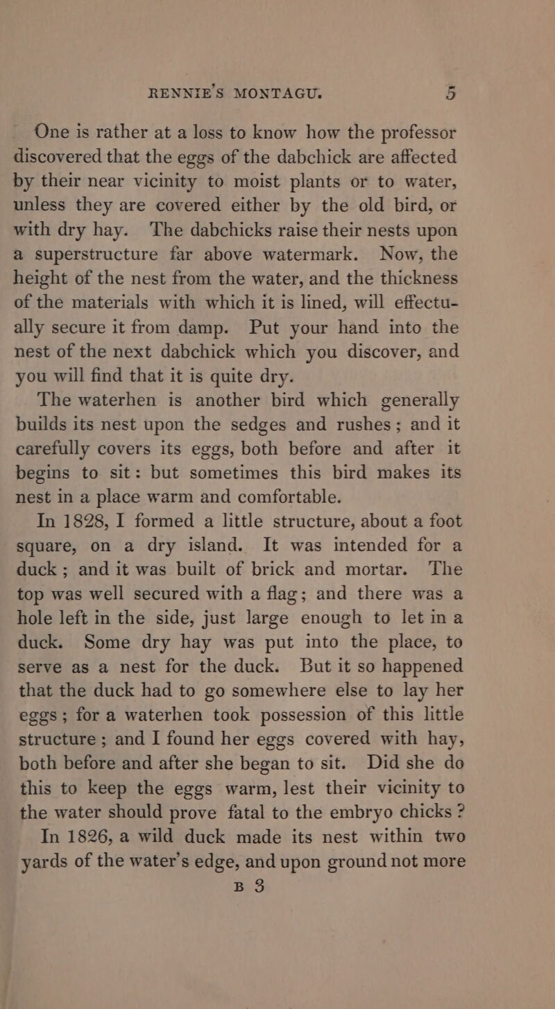 One is rather at a loss to know how the professor discovered that the eggs of the dabchick are affected by their near vicinity to moist plants or to water, unless they are covered either by the old bird, or with dry hay. The dabchicks raise their nests upon a superstructure far above watermark. Now, the height of the nest from the water, and the thickness of the materials with which it is lined, will effectu- ally secure it from damp. Put your hand into the nest of the next dabchick which you discover, and you will find that it is quite dry. The waterhen is another bird which generally builds its nest upon the sedges and rushes; and it carefully covers its eggs, both before and after it begins to sit: but sometimes this bird makes its nest in a place warm and comfortable. In 1828, I formed a little structure, about a foot square, on a dry island. It was intended for a duck ; and it was built of brick and mortar. The top was well secured with a flag; and there was a hole left in the side, just large enough to let ina duck. Some dry hay was put into the place, to serve as a nest for the duck. But it so happened that the duck had to go somewhere else to lay her eggs ; for a waterhen took possession of this little structure ; and I found her eggs covered with hay, both before and after she began to sit. Did she do this to keep the eggs warm, lest their vicinity to the water should prove fatal to the embryo chicks ? In 1826, a wild duck made its nest within two yards of the water’s edge, and upon ground not more B 3