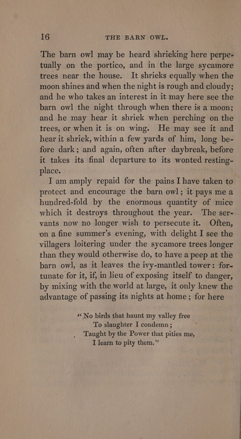 The barn owl may be heard shrieking here perpe- tually on the portico, and in the large sycamore trees near the house. It shrieks equally when the moon shines and when the night is rough and cloudy; and he who takes an interest in it may here see the barn owl the night through when there is a moon; and he may hear it shriek when perching on the trees, or when it is on wing. He may see it and hear it shriek, within a few yards of him, long be- fore dark; and again, often after daybreak, before it takes its ‘final departure to its wonted resting- place. I am amply repaid for the pains I have taken to ~ protect and encourage the barn owl; it pays me a hundred-fold by the enormous quantity of mice which it destroys throughout the year. ‘The ser- vants now no longer wish to persecute it. Often, on a fine summer’s evening, with delight I see the villagers loitering under the sycamore trees longer than they would otherwise do, to have a peep at the barn owl, as it leaves the ivy-mantled tower: for- tunate for it, if, in lieu of exposing itself to danger, by mixing with the world at large, it only knew the advantage of passing its nights at home; for here ‘‘ No birds that haunt my valley free To slaughter I condemn; ; Taught by the Power that pities me, I learn to pity them.”