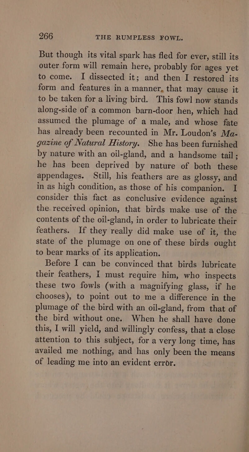 But though its vital spark has fled for ever, still its outer form will remain here, probably for ages yet to come. I dissected it; and then I restored its form and features in a manner, that may cause it to be taken for a living bird. This fowl now stands along-side of a common barn-door hen, which had assumed the plumage of a male, and whose fate has already been recounted in Mr. Loudon’s Ma- gazine of Natural History. She has been furnished by nature with an oil-gland, and a handsome tail; he has been deprived by nature of both these appendages. Still, his feathers are as glossy, and in as high condition, as those of his companion. I consider this fact as conclusive evidence against the. received opinion, that birds make use of the contents of the oil-gland, in order to lubricate their feathers. If they really did make use of it, the state of the plumage on one of these birds ought to bear marks of its application. Before I can be convinced that birds lubricate their feathers, I must require him, who inspects these two fowls (with a magnifying glass, if he chooses), to point out to me a difference in the plumage of the bird with an oil-gland, from that of the bird without one. When he shall have done this, I will yield, and willingly confess, that a close attention to this subject, for a very long time, has availed me nothing, and has only been the means of leading me into an evident error.