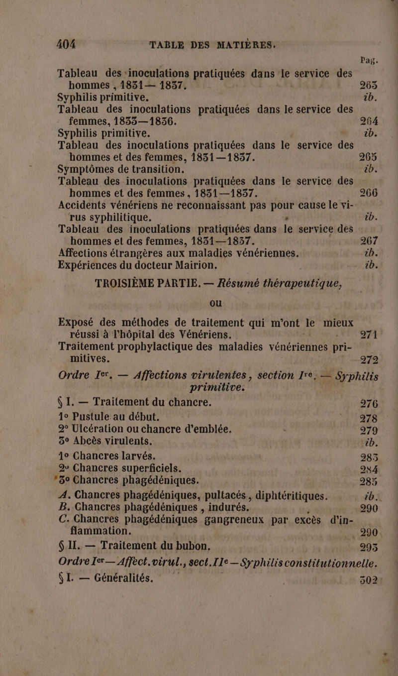 Pag. Tableau des ‘inoculations pratiquées dans le service des hommes , 1831-— 1837, 263 Syphilis primitive, tb. Tableau des inoculations pratiquées dans le service des femmes, 1835—1836. 264 Syphilis primitive. tb. Tableau des inoculations pratiquées dans le service dei hommes et des femmes, 1831—1837. 265 Symptômes de transition. tb. Tableau des inoculations pratiquées dans le service des hommes et des femmes , 1831—1837. 266 Accidents vénériens ne reconnaissant pas Ni cause le vi- rus syphilitique. tb. Tableau des inoculations pratiquées dans le service des hommes et des femmes, 1831—1837. 267 Affections étrangères aux maladies vénériennes. tb. Expériences du docteur Mairion. tb. TROISIÈME PARTIE. — Résumé thérapeutique, ou Exposé des méthodes de traitement qui m'ont Je mieux réussi à l'hôpital des Vénériens. 271 Traitement prophylactique des maladies Vénétie pri- mitives. 272 Ordre Ie. — Affections virulentes, section 1e, — Syphilis primitive. Ÿ I. — Traitement du chancre. 276 1° Pustule au début. MRC rl. 2° Ulcération ou chancre d'emblée. 279 5° Abcès virulents. | tb. 4° Chancres larvés. 983 2v Chancres superficiels. 284 #30 Chancres phagédéniques. 285 A. Chancres phagédéniques, pultacés, diphtéritiques. 10. B. Chancres phagédéniques , indurés. 290 C. Chancres phagédéniques gangreneux par excès d’in- flammation. __ 290 $.II. — Traitement du bubon, 295 Ordre Ier — Affect.virul., sect. IIe— — Syphilis constitutionnelle. ÎLE — Généralités. | 502