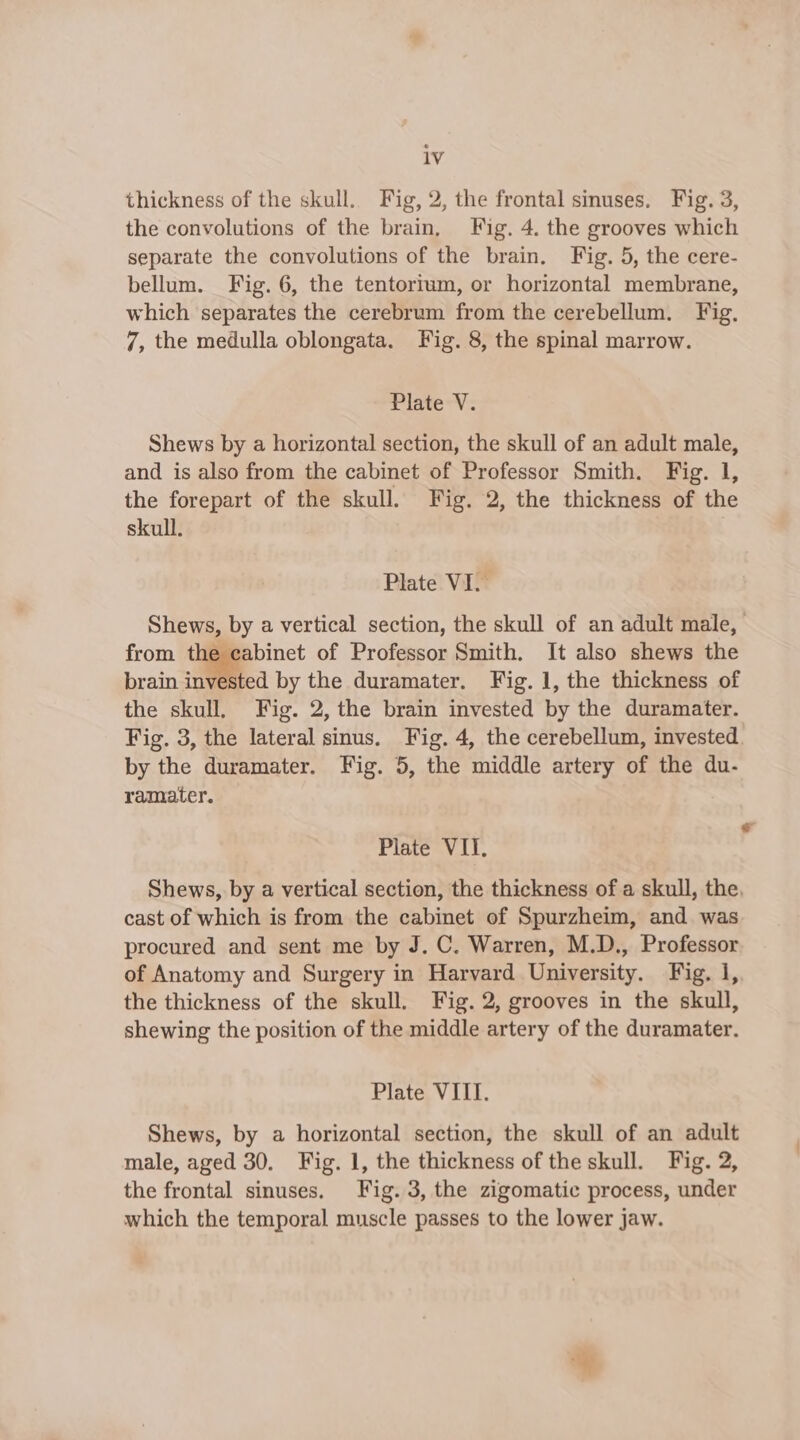 lV thickness of the skull. Fig, 2, the frontal smuses. Fig. 3, the convolutions of the brain, Fig. 4. the grooves which separate the convolutions of the brain, Fig. 5, the cere- bellum. Fig. 6, the tentoritum, or horizontal membrane, which separates the cerebrum from the cerebellum. Fig, 7, the medulla oblongata. Fig. 8, the spinal marrow. Plate V. Shews by a horizontal section, the skull of an adult male, and is also from the cabinet of Professor Smith. Fig. 1, the forepart of the skull. Fig. 2, the thickness of the skull. Plate VI. Shews, by a vertical section, the skull of an adult male, | from the cabinet of Professor Smith. It also shews the brain invested by the duramater. Fig. 1, the thickness of the skull. Fig. 2, the brain invested by the duramater. Fig. 3, the lateral sinus. Fig. 4, the cerebellum, invested by the duramater. Fig. 5, the middle artery of the du- ramater. Plate weLL, Shews, by a vertical section, the thickness of a skull, the, cast of which is from the cabinet of Spurzheim, and. was procured and sent me by J. C. Warren, M.D., Professor of Anatomy and Surgery in Harvard University. Fig. 1, the thickness of the skull. Fig. 2, grooves in the skull, shewing the position of the middle artery of the duramater. Plate VIII. Shews, by a horizontal section, the skull of an adult male, aged 30. Fig. 1, the thickness of the skull. Fig. 2, the frontal sinuses. Fig. 3, the zigomatic process, under which the temporal muscle passes to the lower jaw.