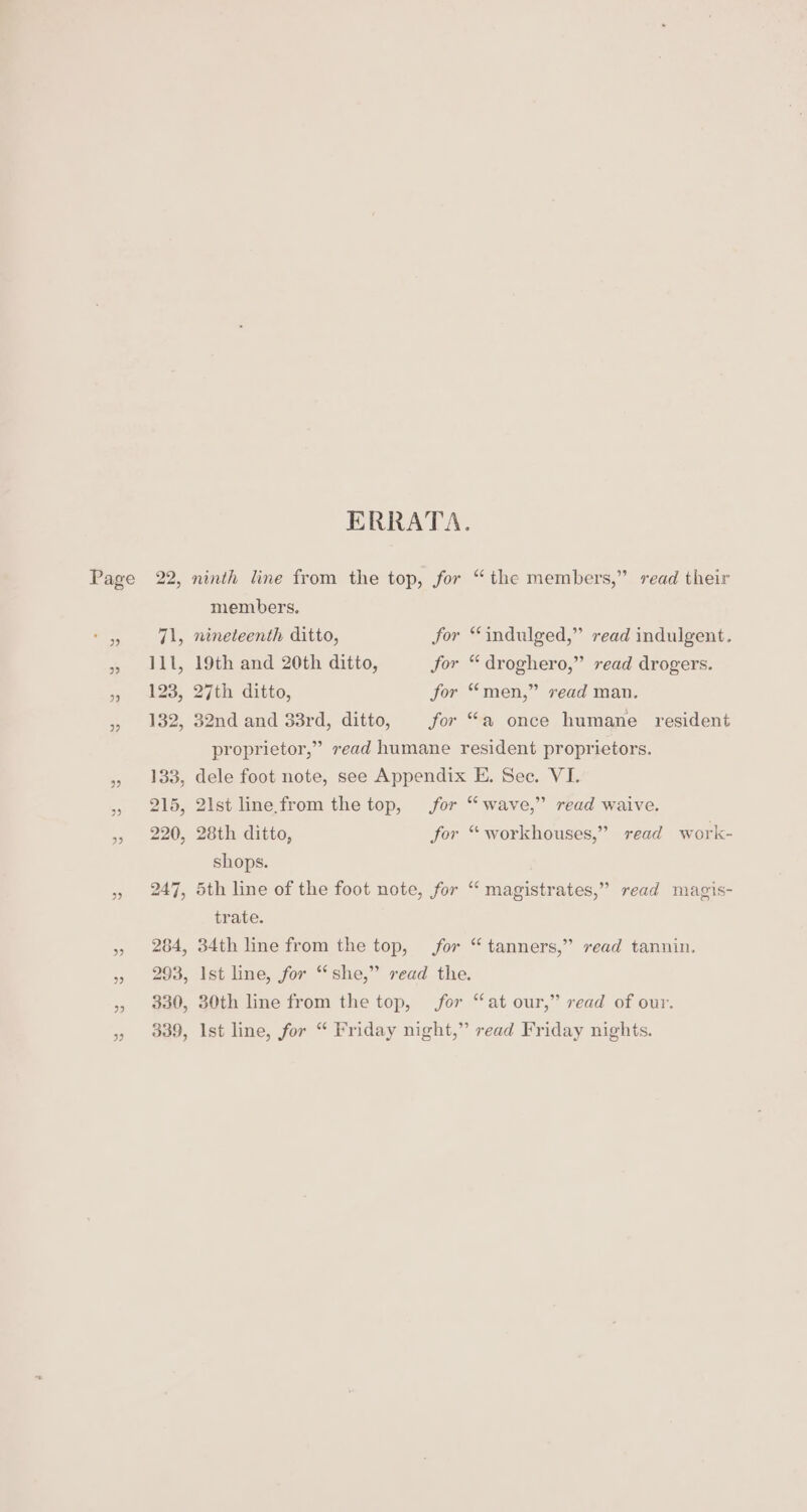 ERRATA. ninth line from the top, for “the members,” read their members. nineteenth ditto, for “indulged,” read indulgent. 19th and 20th ditto, for “droghero,” read drogers. 27th ditto, for “men,” read man. 32nd and 33rd, ditto, for “a once humane resident proprietor,” read humane resident proprietors. dele foot note, see Appendix E. Sec. VI. 21st line from the top, for “wave,” read waive. 28th ditto, for “workhouses,” read work- shops. 5th line of the foot note, for “ magistrates,” read magis- trate. 34th line from the top, for “ tanners,” read tannin, Ist line, for “she,” read the. 30th line from the top, for “at our,” read of our. Ist line, for “ Friday night,” read Friday nights.