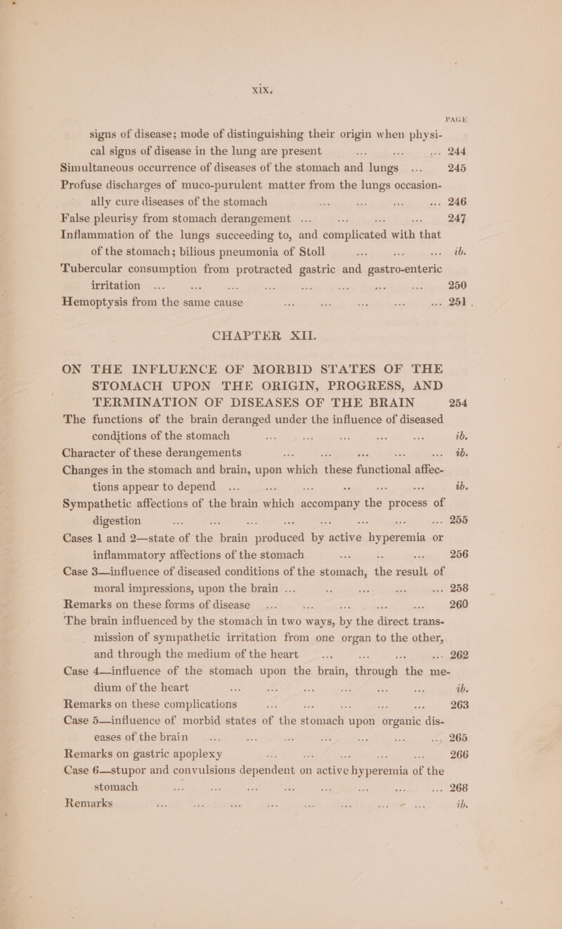 PAGE signs of disease; mode of distinguishing their origin when physi- cal signs of disease in the lung are present si .» 244 Simultaneous occurrence of diseases of the stomach and fee nt 245 Profuse discharges of muco-purulent matter from the lungs occasion- ally cure diseases of the stomach oy. ss nit ... 246 False pleurisy from stomach derangement ... Eis ; ; 247 Inflammation of the lungs succeeding to, and ppmaticated with that of the stomach; bilious pneumonia of Stoll dss sy assy egllt Tubercular consumption from protracted gastric and gastro-enteric irritation... ae Se eg Seo aedae: oe sa, 250 Hemoptysis from the same cause ee ~~ ah e as 25h , CHAPTER XII. ON THE INFLUENCE OF MORBID STATES OF THE STOMACH UPON THE ORIGIN, PROGRESS, AND TERMINATION OF DISEASES OF THE BRAIN 254 The functions of the brain deranged under the influence of diseased conditions of the stomach “ee = sak ee vas ib. Character of these derangements Bs : : ee Fe ORD: Changes in the stomach and brain, upon which nee aecduaned affec- tions appear to depend ... ar a os Se oh ab. Sympathetic affections of the brain ha accompany the process of digestion Be sf ae iss = “ re w. 255 Cases 1 and 2—state of ae brain produced by active Rea or inflammatory affections of the stomach aoe : 256 Case 3—influence of diseased conditions of the stomach, ou eat of moral impressions, upon the brain ... ve e as w.. 258 Remarks on these forms of disease... bet : : “3 260 The brain influenced by the stomach in two ways, the aiheite trans- mission of sympathetic irritation from one organ to the other, and through the medium of the heart... »i+ 262 Case 4— influence of the stomach upon the brain, shee: hie me- dium of the heart ace be ee st ies on ib. Remarks on these complications a 2m: iS 263 Case 5—influence of morbid states of the aise upon organic dis- eases of the brain... 2 sh on ee Lae ... 265 Remarks on gastric apoplexy vf re 266 Case 6—stupor and convulsions ‘pandstien on Pe eteatweceonn of the stomach ae 2 ee sis ft ate a ... 268 Remarks nie, tot wt a. ak a ee ee ib.