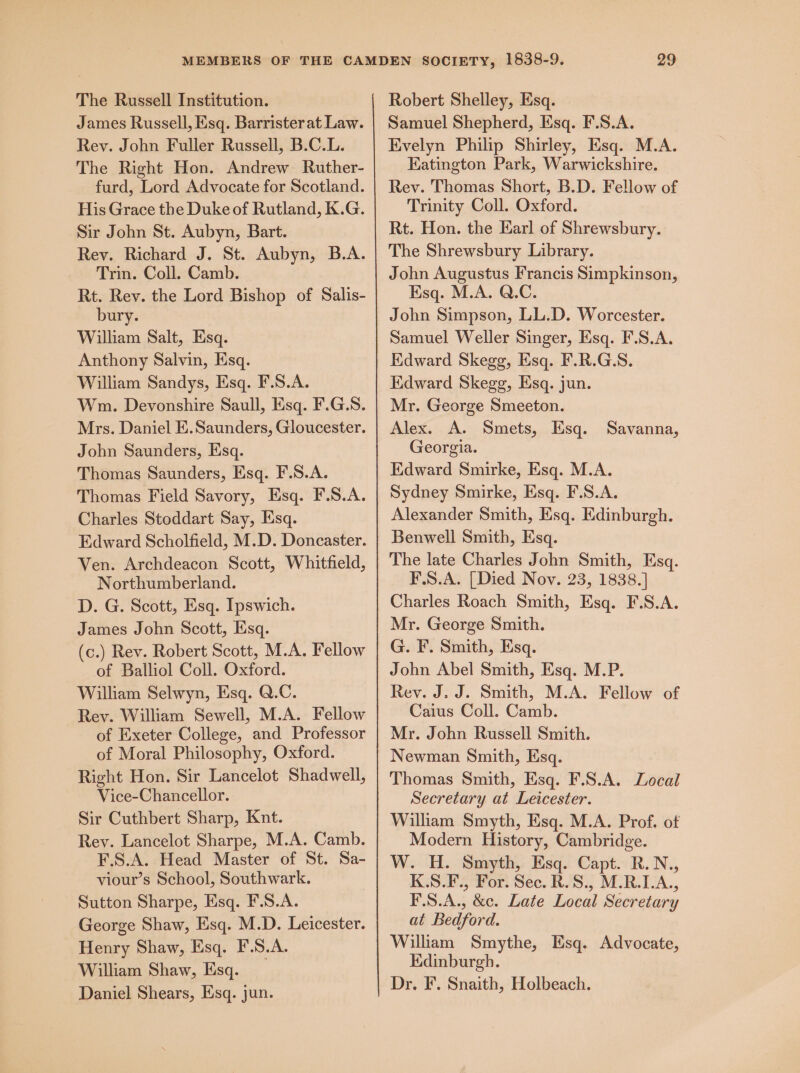 The Russell Institution. James Russell, Esq. Barristerat Law. Rev. John Fuller Russell, B.C.L. The Right Hon. Andrew Ruther- furd, Lord Advocate for Scotland. His Grace the Duke of Rutland, K.G. Sir John St. Aubyn, Bart. Rey. Richard J. St. Aubyn, B.A. Trin. Coll. Camb. Rt. Rev. the Lord Bishop of Salis- bury. William Salt, Esq. Anthony Salvin, Esq. William Sandys, Esq. F.S.A. Wm. Devonshire Saull, Esq. F.G.S. Mrs. Daniel E. Saunders, Gloucester. John Saunders, Esq. Thomas Saunders, Esq. F.S.A. Thomas Field Savory, Esq. F.S.A. Charles Stoddart Say, Esq. Edward Scholfield, M.D. Doncaster. Ven. Archdeacon Scott, Whitfield, Northumberland. D. G. Scott, Esq. Ipswich. James John Scott, Esq. (c.) Rev. Robert Scott, M.A. Fellow of Balliol Coll. Oxford. William Selwyn, Esq. Q.C. Rey. William Sewell, M.A. Fellow of Exeter College, and Professor of Moral Philosophy, Oxford. Right Hon. Sir Lancelot Shadwell, Vice-Chancellor. Sir Cuthbert Sharp, Knt. Rev. Lancelot Sharpe, M.A. Camb. F.S.A. Head Master of St. Sa- viour’s School, Southwark. Sutton Sharpe, Esq. F.S.A. George Shaw, Esq. M.D. Leicester. Henry Shaw, Esq. F.S.A. William Shaw, Esq. Daniel Shears, Esq. jun. Robert Shelley, Esq. Samuel Shepherd, Esq. F.S.A. Evelyn Philip Shirley, Esq. M.A. Eatington Park, Warwickshire. Rev. Thomas Short, B.D. Fellow of Trinity Coll. Oxford. Rt. Hon. the Karl of Shrewsbury. The Shrewsbury Library. John Augustus Francis Simpkinson, Esq. M.A. Q.C. John Simpson, LL.D. Worcester. Samuel Weller Singer, Esq. F.S.A. Edward Skegg, Esq. F.R.G.S. Edward Skegg, Esq. jun. Mr. George Smeeton. Alex. A. Smets, Esq. Savanna, Georgia. Edward Smirke, Esq. M.A. Sydney Smirke, Esq. F.S.A. Alexander Smith, Ksq. Edinburgh. Benwell Smith, Esq. The late Charles John Smith, Esq. F.S.A. [Died Nov. 23, 1838.] Charles Roach Smith, Esq. F.S.A. Mr. George Smith. G. F. Smith, Esq. John Abel Smith, Esq. M.P. Rev. J. J. Smith, M.A. Fellow of Caius Coll. Camb. Mr. John Russell Smith. Newman Smith, Esq. Thomas Smith, Esq. F.S.A. Local Secretary at Leicester. William Smyth, Esq. M.A. Prof. ot Modern History, Cambridge. W. H. Smyth, Esq. Capt. R.N., K.S.F., For. Sec. R.S., M.R.1.A., F.S.A., &amp;c. Late Local Secretary at Bedford. William Smythe, Esq. Advocate, Edinburgh. Dr. F. Snaith, Holbeach.
