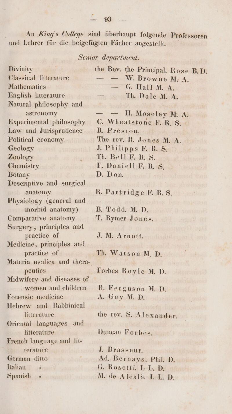 93 Divinity Classical litterature Mathematics English litterature Natural philosophy and astronomy Experimental philosophy Law and Jurisprudence Political economy Geology Zoology Chemistry Botany Descriptive and surgical anatomy Physiology (general and morbid anatomy) Comparative anatomy Surgery, principles and practice of Medicine, principles and practice of peuties Midwifery and diseases of . women and children Forensie medicine Hebrew and Rabbinical litterature Oriental languages and litterature French language and |it- terature German ditto Italian „ the Rev. the Principal, Rose B.D. W. Browne M:- A. G. Hall M. A. Th. Dale M. A. H. Moseley M. A. C. Wheatstone FR S. R. Preston. The rev. R. Jones M. A. J. Philipps FR. S. Th. BellF.R SS. F. DaniellF.R. S, D. Don. Ä R. Partridge F.R.S. B. Todd. M. D. T. Rymer Jones. J. M. Arnott. Th. Watson M.D. R. Ferguson M.D. A.GuyM.D. the rev. S. Alexander. Duncan Forbes. J. Brasseur. Ad. Bernays, Phil. D. G. Rosetti. LL.D.