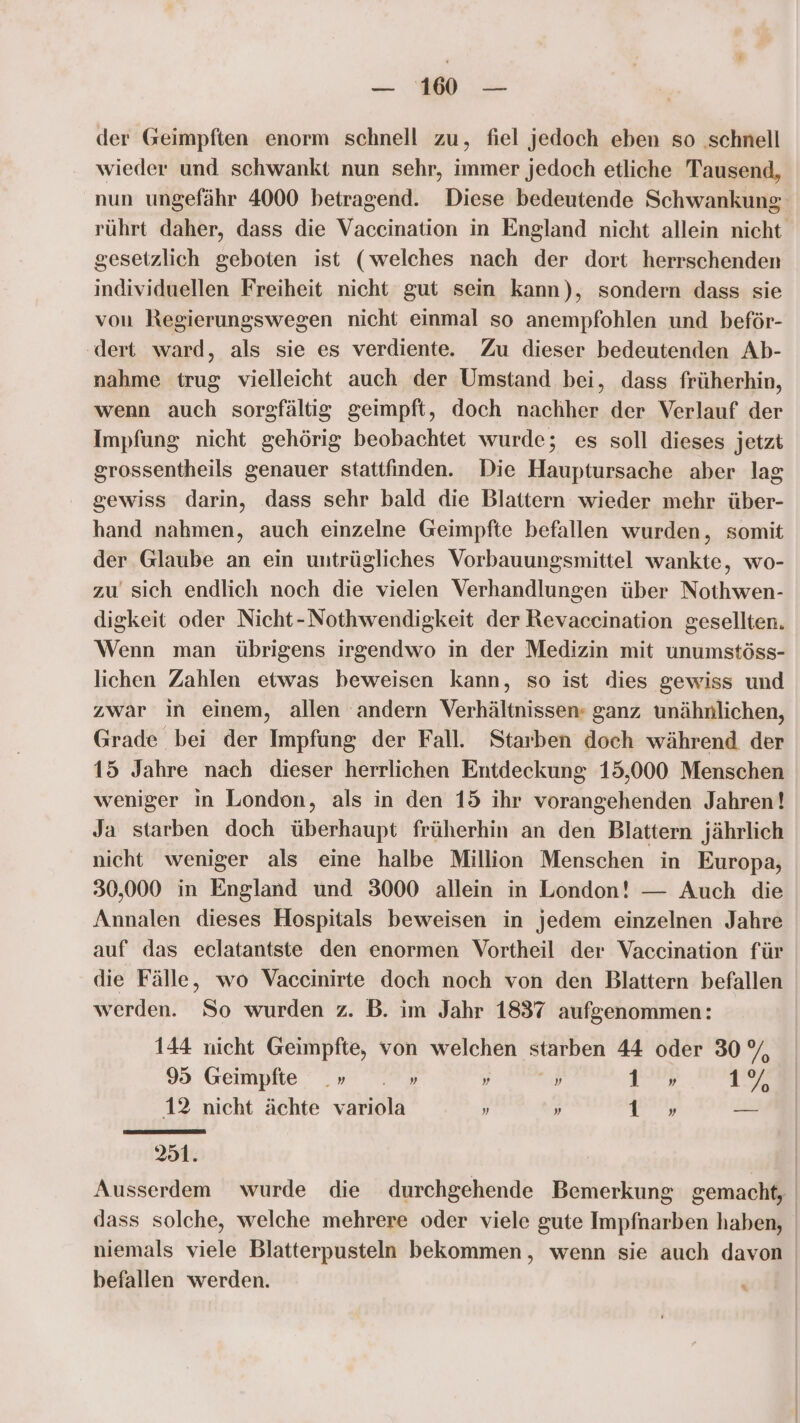 der Geimpften enorm schnell zu, fiel jedoch eben so schnell wieder und schwankt nun sehr, immer jedoch etliche Tausend, nun ungefähr 4000 betragend. Diese bedeutende Schwankung rührt daher, dass die Vaceination in England nicht allein nicht gesetzlich geboten ist (welches nach der dort herrschenden individuellen Freiheit nicht gut sein kann), sondern dass sie von Regierungswegen nicht einmal so anempfohlen und beför- ‚dert ward, als sie es verdiente. Zu dieser bedeutenden Ab- nahme trug vielleicht auch der Umstand bei, dass früherhin, wenn auch sorgfältig geimpft, doch nachher der Verlauf der Impfung nicht gehörig beobachtet wurde; es soll dieses jetzt grossentheils genauer stattfinden. Die Hauptursache aber lag gewiss darin, dass sehr bald die Blattern wieder mehr über- hand nahmen, auch einzelne Geimpfte befallen wurden, somit der Glaube an ein untrügliches Vorbauungsmittel wankte, wo- zu sich endlich noch die vielen Verhandlungen über Nothwen- digkeit oder Nicht-Nothwendigkeit der Revaccination gesellten. Wenn man übrigens irgendwo in der Medizin mit unumstöss- lichen Zahlen etwas beweisen kann, so ist dies gewiss und zwar in einem, allen andern Verhältnissen- ganz unähnlichen, Grade bei der Impfung der Fall. Starben doch während der 15 Jahre nach dieser herrlichen Entdeckung 15,000 Menschen weniger in London, als in den 15 ihr vorangehenden Jahren! Ja starben doch überhaupt früherhin an den Blattern jährlich nicht weniger als eine halbe Million Menschen in Europa, 30,000 in England und 3000 allein in London! — Auch die Annalen dieses Hospitals beweisen in jedem einzelnen Jahre auf das eclatantste den enormen Vortheil der Vaccination für die Fälle, wo Vaccinirte doch noch von den Blattern befallen werden. So wurden z. B. im Jahr 1837 aufgenommen: 144 nicht Geimpfte, von welchen starben 44 oder 30 %, 95 Geimpfte » a.) „ 2ıp I had 1 Bi 12 nicht ächte variola „ „ 1 „ —z 251. Ausserdem wurde die durchgehende Bemerkung gemacht, dass solche, welche mehrere oder viele gute Impfnarben haben, niemals viele Blatterpusteln bekommen, wenn sie auch davon befallen werden.