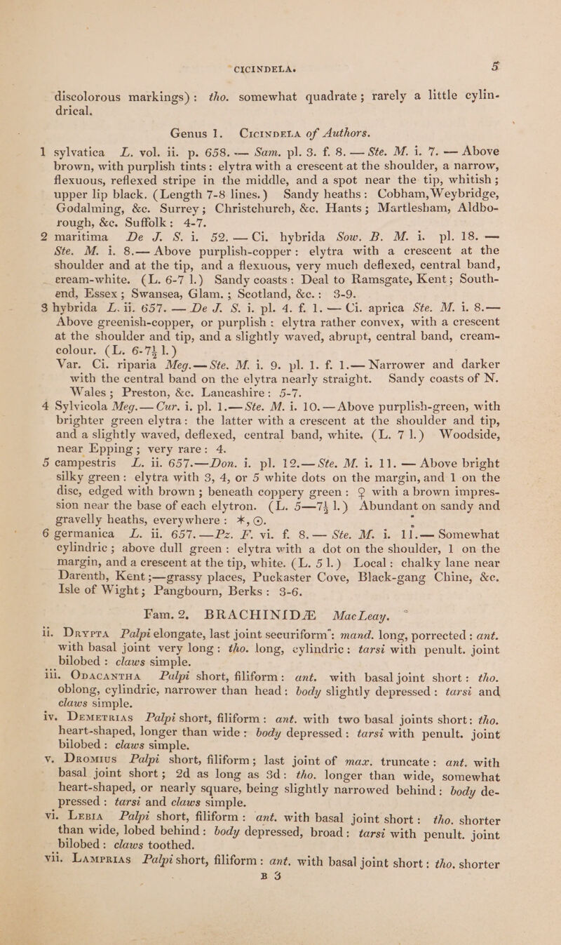 discolorous markings): ého. somewhat quadrate; rarely a little cylin- drical. Genus 1. Cictnpeta of Authors. 1 sylvatica L. vol. ii. p. 658. — Sam. pl. 3. f. 8. — Ste. M. i. 7. — Above brown, with purplish tints: elytra with a crescent at the shoulder, a narrow, flexuous, reflexed stripe in the middle, and a spot near the tip, whitish ; upper lip black. (Length 7-8 lines.) Sandy heaths: Cobham, Weybridge, Godalming, &amp;c. Surrey; Christchurch, &amp;c. Hants; Martlesham, Aldbo- rough, &amp;c. Suffolk: 4-7. y 2 maritima De J. S. i. 52.—Ci. hybrida Sow. B. M. 1. pl. 18. — Ste. M. i. 8.— Above purplish-copper: elytra with a crescent at the shoulder and at the tip, and a flexuous, very much deflexed, central band, _ eream-white. (L. 6-7 1.) Sandy coasts; Deal to Ramsgate, Kent; South- end, Essex ; Swansea, Glam. ; Scotland, &amp;c.: 3-9. i Shybrida L. ii. 657. — De J. 8. i. pl. 4. f. 1. — Ci. aprica Ste. M. 1. 8.— Above greenish-copper, or purplish: elytra rather convex, with a crescent at the shoulder and tip, and a slightly waved, abrupt, central band, cream- colour. (L. 6-711.) : Var. Ci. riparia Meg.—Ste. M. i. 9. pl. 1. f. 1.— Narrower and darker with the central band on the elytra nearly straight. Sandy coasts of N. Wales; Preston, &amp;c. Lancashire: 5-7. , 4 Sylvicola Meg.— Cur. i. pl. 1.— Ste. M. i. 10.— Above purplish-green, with brighter green elytra: the latter with a crescent at the shoulder and tip, and a slightly waved, deflexed, central band, white, (L. 71.) Woodside, near Epping; very rare: 4. 5 campestris L. ii. 657.—Don. i. pl. 12.—Ste. M. i. 11. — Above bright silky green: elytra with 3, 4, or 5 white dots on the margin, and 1-on the dise, edged with brown ; beneath coppery green: 9 with a brown impres- sion near the base of each elytron. (L. 5—741.) Abundant on sandy and gravelly heaths, everywhere: *, ©. = 6 germanica L. ii. 657.—Pz. F. vi. f. 8.— Ste. M. i. 11.— Somewhat cylindric ; above dull green: elytra with a dot on the shoulder, 1 on the margin, and a crescent at the tip, white. (L. 51.) Local: chalky lane near Darenth, Kent ;—grassy places, Puckaster Cove, Black-gang Chine, &amp;e. Isle of Wight; Pangbourn, Berks: 3-6. Fam.2,. BRACHINIDZ MacLeay. li. Dryrra Palpi elongate, last joint seeuriform’: mand. long, porrected : ant. with basal joint very long: tho. long, cylindric: tarsi with penult. joint bilobed : claws simple. ill. Opacanrua Palpi short, filiform: ant. with basal joint short: tho. oblong, cylindric, narrower than head: body slightly depressed: tarsi and claws simple. iv. Demerrias Palpi short, filiform: ant. with two basal joints short: tho. heart-shaped, longer than wide: body depressed: tarsi with penult. joint bilobed : claws simple. v. Dromius Palpi short, filiform; last joint of maz. truncate: ant. with basal joint short; 2d as long as 3d: tho. longer than wide, somewhat heart-shaped, or nearly square, being slightly narrowed behind: body de- pressed : tarsi and claws simple. vi. Lesta Palpi short, filiform: ant. with basal joint short: tho. shorter than wide, lobed behind: body depressed, broad: tarsi with penult. joint bilobed : claws toothed. vii, Lamerias Palpi short, filiform : ant. with basal joint short: tho. shorter BS