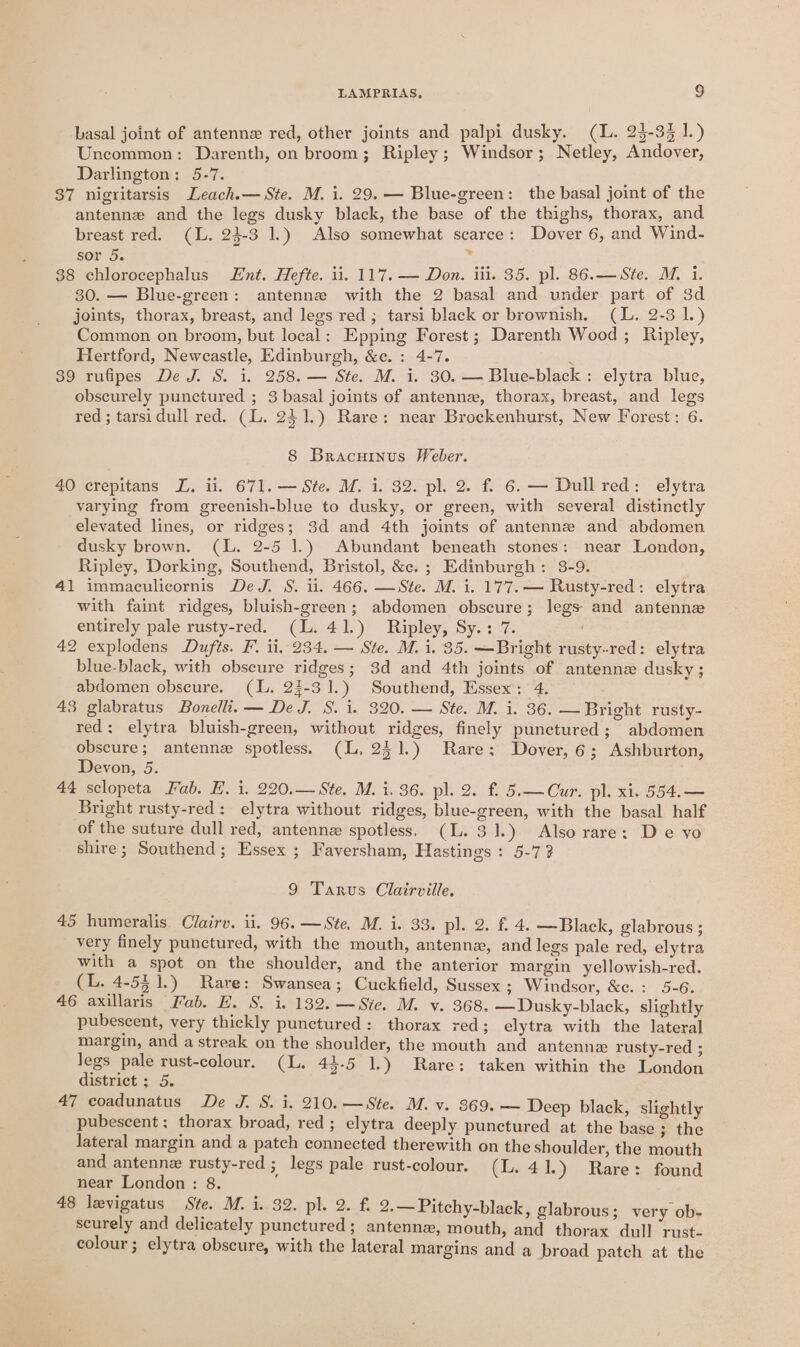 LAMPRIAS, S basal joint of antenne red, other joints and palpi dusky. (L. 23-33 1.) Uncommon: Darenth, on broom; Ripley; Windsor; Netley, Andover, Darlington: 5-7. : 37 nigritarsis Leach.— Ste. M. i. 29. — Blue-green: the basal joint of the antenne and the legs dusky black, the base of the thighs, thorax, and breast red. (L. 24-3 1.) Also somewhat scarce: Dover 6, and Wind- sor 5. ¥ 38 chlorocephalus Ent. Hefte. ii. 117. — Don. iii. 35. pl. 86.— Ste. M, i. 30. — Blue-green: antenne with the 2 basal and under part of 3d joints, thorax, breast, and legs red ; tarsi black or brownish. (L. 2-3 1.) Common on broom, but local: Epping Forest; Darenth Wood ; Ripley, Hertford, Newcastle, Edinburgh, &amp;c. : 4-7. . 39 rufipes De J. S. 1, 258. — Ste. M. i. 30. — Blue-black : elytra blue, obscurely punctured ; 3 basal joints of antenne, thorax, breast, and legs red ; tarsidull red. (L. 241.) Rare: near Brockenhurst, New Forest: 6. 8 Bracuinus Weber. 40 crepitans LZ. ii. 671. — Ste. M. 1. 32. pl. 2. f. 6. — Dull red: elytra varying from greenish-blue to dusky, or green, with several distinctly elevated lines, or ridges; 3d and 4th joints of antenne and abdomen dusky brown. (L. 2-5 1.) Abundant beneath stones: near London, Ripley, Dorking, Southend, Bristol, &amp;ce. ; Edinburgh: 3-9. 41 immaculicornis DeJ. S. li. 466. —Ste. M. i. 177. — Rusty-red: elytra with faint ridges, bluish-green; abdomen obscure; legs and antenne entirely pale rusty-red. (LL. 41.) Ripley, Sy.: 7. 42 explodens Dufts. F. ii. 234, — Ste. M. i. 35. —Bright rusty-red: elytra blue-black, with obscure ridges; 3d and 4th joints of antennz dusky ; abdomen obscure. (L. 24-31.) Southend, Essex: 4. 43 glabratus Bonelli. — DeJ. S. i. 320. — Ste. M. i. 36. — Bright rusty- red: elytra bluish-green, without ridges, finely punctured; abdomen obscure; antenne spotless. (L, 251.) Rare: Dover, 6; Ashburton, Devon, 5. 44 sclopeta Fab. E. i. 220.— Ste. M. i. 36. pl. 2. f. 5.—Cur. pl. xi. 554.— Bright rusty-red: elytra without ridges, blue-green, with the basal half of the suture dull red, antenne spotless, (L. 31.) Also rare: De vo shire; Southend; Essex ; Faversham, Hastings : 5-7? 9 Tarus Clairville, 45 humeralis Clairv. ii. 96. —Ste, M. i. 33. pl. 2. f. 4. — Black, glabrous ; very finely punctured, with the mouth, antenna, and legs pale red, elytra with a spot on the shoulder, and the anterior margin yellowish-red. (L. 4-531.) Rare: Swansea; Cuckfield, Sussex ; Windsor, &amp;c.: 5-6. 46 axillaris Fab. E. S. i. 132. —Ste. M. v. 368. — Dusky-black, slightly pubescent, very thickly punctured: thorax red; elytra with the lateral margin, and a streak on the shoulder, the mouth and antennz rusty-red ; legs pale rust-colour. (L. 43-5 1.) Rare: taken within the London district ; 5. 47 coadunatus De J. S. i. 210. —Ste. M. v. 369. — Deep black, slightly pubescent: thorax broad, red; elytra deeply punctured at the base ; the lateral margin and a patch connected therewith on the shoulder, the mouth and antenne rusty-red ; legs pale rust-colour. (L. 4 1.) Rare: found near London : 8. 48 levigatus Ste. M. i. 32. pl. 2. f. 2.— Pitchy-black, glabrous; very ob- scurely and delicately punctured; antennz, mouth, and thorax dull rust- colour ; elytra obscure, with the lateral margins and a broad patch at the