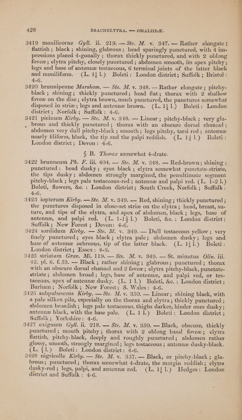 3419 monilicorne Gyll. ii, 219. —+ Ste. M. v. 347. — Rather elongate ; flattish ; black ; shining, glabrous; head sparingly punctured, with 4.im- pressions placed 4-gonally ; thorax thickly punctured, and with 2 oblong fovex ; elytra pitchy, closely punctured ; abdomen smooth, its apex pitchy ; legs and base of antenne testaceous, 6 terminal joints of the latter black and moniliform. (L.1}1.) Boleti: London district; Suffolk ; Bristol : 4-6. 3420 brunnipenne Marsham. — Ste. M. v. 348. — Rather elongate ; pitchy- black ; shining; thickly punctured; head flat; thorax with 2 shallow fovex on the disc; elytra brown, much punctured, the punctures somewhat disposed in striew; legs and antenne brown. (L. 111.) Boleti: London district; Norfolk; Suffolk: 4-6. 3421 picinum Kirby, — Ste. M. vy. 348. — Linear ; pitchy-black ; very gla- , brous and thickly punctured; thorax with an obscure dorsal channel ; abdomen very dull pitchy-black ; smooth; legs pitehy, tarsi red ; antenne nearly filiform, black, the tip and the palpi reddish. (L. 121.) Boleti: London district; Devon: 4-6. § B. Thorax somewhat 4-drate. 3422 brunneum Pk. F, ili. 404. — Ste. M. v. 348. — Red-brown; shining ; punctured: head dusky; eyes black; elytra somewhat punctate-striate, the tips dusky; abdomen strongly margined, the penultimate segment pitchy-black ; legs pale testaceous-red ; antenne and palpi red. (L. 1-2 1.) Boleti, flowers, &amp;c.: London district; South Creek, Norfolk ; Suffolk : 4-6. 3423 iopterum Kirby. — Ste. M. v. 349. — Red, shining ; thickly punctured ; the punctures disposed in close-set stric on the elytra; head, breast, su- ture, and tips of the elytra, and apex of abdomen, black ; legs, base of antenne, and palpi red. (L. 1-141.) Boleti, &amp;c.: London district; Suffolk; New Forest ; Devon: 4-6. 3424 sordidum Kirby. — Ste. M. v. 349.— Dull testaceous yellow ; very finely punctured; eyes black; elytra pale; abdomen dusky; legs and base of antennx ochreous, tip of the latter black. (L. 141.) Boleti: London district; Essex: 4-6. 3425 striatum Grav. Mi. 119. — Ste. M. v. 349. — St. minutus Oliv. iii, 42. pl. 6. 1.53. — Black ; rather shining; glabrous; punctured; thorax with an obscure dorsal channel and 2 fovee ; elytra pitchy-black, punctate- striate; abdomen broad; legs, base of antenna, and palpi red, or tes- taceous, apex of antenne dusky. (L. 11.) Boleti, &amp;c. : London district ; Barham ; Norfolk; New Forest; S. Wales: 4-6. 3426 subpubescens Kirby. — Ste. M. v. 350. — Linear; shining black, with a pale silken pile, especially on the thorax and elytra; thickly punctured ; abdomen broadish ; legs pale testaceous, thighs darker, hinder ones dusky ; antennz black, with the base pale. (L. 1 1.) Boleti: London district ; Suffolk; Yorkshire: 4-6. 3427 exiguum Gil. ii. 218, — Ste. M. v. $50. — Black, obscure, thickly punctured; mouth pitehy ; thorax with 2 oblong basal fovee; elytra flattish, pitchy-black, deeply and roughly punctured; abdomen rather glossy, smooth, strongly margined ; legs testaceous ; antenne dusky-black. (L. 31.) Boleti: London district: 4-6. 3428 nigricolle Kirby. — Ste. M. v. 357. — Black, or pitchy-black ; gla- brous; punctured; thorax somewhat 4-drate, the margin reddish; elytra dusky-red ; legs, palpi, and antenne red. (L. 131.) Hedges: London district and Suffolk: 4-6,