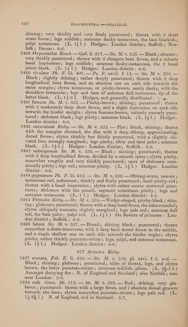 shining; very thickly and very finely punctured; thorax with 2 short ovate fovee ; legs reddish; antenne dusky testaceous, the base blackish ; palpi testaceous. (L. 141.) Hedges: London district; Suffolk; Nor-- folk; Devon: 4-6. 3439 Oxyacanthe Knoch.— Gyll. ii. 217.— Ste. M. v. 355. — Black ; obscure ; very thickly punctured; thorax with 2 elongate bent foveee, and a minute basal impression; legs reddish; antennze dusky-testaceous, the 2 basal joints black. (L. 141.) Hedges: London district: 4-6. 3440 rivulare Pk.: fF. ili. 407. — Pz. I xxvii’ £ 15; — Sie. Mv. 952-= Black ; slightly shining; rather deeply punctured; thorax with 2 deep longitudinal bent fovew, and an obsolete one on each side towards the outer margin; elytra testaceous, or pitchy-brown, rarely dusky, with the shoulders testaceous; legs and base of antenne dull testaceous, tip of the latter black. (L. 13-21. Hedges, and generally distributed: © xk: 3441 fuscum Ste. M. v. 355. — Pitchy-brown; shining; punctured ; thorax with 2 moderately deep short fovex, and a slight depression on each side towards the hinder margin; elytra fuscous-brown, ratherly coarsely punc- tured ; abdomen black ; legs pitchy; antenne black. (L. 131.) Hedges: London district: 4-6. 3442 excavatum Kirby. — Ste. M. v. 355. — Flat; black, shining; thorax with the margins elevated, the disc with 2 deep oblong, approximating, dorsal fovee; elytra thickly but faintly punctured, with a slightly ele- vated line, strongly margined; legs pitchy, tibia and tarsi paler ; antenne black, (L.14$1.) Hedges: London district; Suffolk: 4-6. 3443 subrugosum Ste. M. v. 356. — Black; shining; punctured; thorax with 2 deep longitudinal fovew, divided by a smooth space ; elytra pitchy, somewhat roughly and very thickly punctured; apex of abdomen occa- sionally pitchy ; legs red; antenna pitchy. (L. 1}1.) Hedges: London district: 4-6. 3444 pygmeum Pk, F, ili. 410. — Ste. M. v. 8356. — Oblong-ovate, convex ; testaceous red, pubescent ; thickly and finely punctured ; head pitchy-red ; thorax with a basal impression; elytra with rather coarse scattered punc- tures; abdomen with the penult. segment sometimes pitchy; legs and antenne testaceous. (L. 11.) Hedges: London district: 4-6. 3445 Primule Kirby.— Ste. M. v. 356.—Wedge-shaped, pitchy-black ; shin- ing; glabrous; punctured; thorax with a deep basal fovea, the sides rounded; elytra obliquely truncate, slightly margined; legs pale red; antenne dull red, the base paler; palpi red. (L. 141.) On flowers of primrose: Lon- don district; Suffolk: 4-6. 3446 latum Ste. M. v. 357. — Broad; shining black; punctured; thorax somewhat 4-drate-transverse, with 2 deep bent dorsal foveze in the middle, and a single shallow one on each side towards the hinder angles; elytra pitchy, rather thickly punctate-striate; legs, palpi, and antenna testaceous. (L. 131.) Hedges: London district: 4-6. 677 Acivota Kirby, 3447 crenata, Fab. E. ii. 596. — Ste. M. v. 358. pl. xxvi. f. 6. a-d. — Black ; shining; glabrous; punctured; sides of thorax, legs, and elytra brown, the latter punctate-striate ; antenna reddish, pilose. (L. 25-3 1.) Amongst decaying firs: N. of England and Scotland; also Norfolk; rare near London: 5-6. 3448 rufa Grav. Mi. 115. — Ste. M. v. 358. — Red; shining, very gla- brous; punctured : thorax with a large fovea, and 2 obsolete dorsal grooves towards the base; elytra somewhat punctate-striate ; legs pale red. (L. 15-25 1.) N. of England, and in Scotland: 5-7,