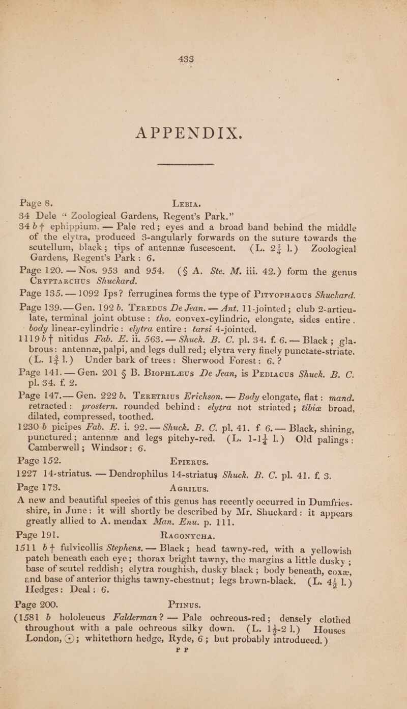 APPENDIX. Page 8. Lepia, 34 Dele “ Zoological Gardens, Regent’s Park.” 346+ ephippium. — Pale red; eyes and a broad band behind the middle of the elytra, produced 3-angularly forwards on the suture towards the scutellum, black; tips of antenne fuscescent. (L. 231.) Zoological Gardens, Regent’s Park: 6. Page 120. — Nos. 953 and 954. (§ A. Ste. M. iii. 42.) form the genus Cryprarcuus Shuckard. Page 135. 1092 Ips? ferruginea forms the type of Pirvopnacus Shuckard. - Page 139.—Gen. 192 6. TErEpus De Jean. — Ant. 11-jointed; club 2-articu- late, terminal joint obtuse: tho. convex-cylindric, elongate, sides entire. - body linear-cylindric: elytra entire: tarsi 4-jointed. 1119bf nitidus Fab. E. ii. 563.— Shuck. B. C. pl. 34. f. 6. — Black ; gia. brous: antenna, palpi, and legs dull red; elytra very finely punctate-striate. (L. 131.) Under bark of trees: Sherwood Forest: 6. ? Page 141.—Gen. 201 § B. Biopuptaus De Jean, is Pepiacus Shuck. B. C. pl. 34. f. 2. Page 147. Gen. 222, Trrerrius Erichson. — Body elongate, flat: mand. retracted: prostern. rounded behind: elytra not striated; tibie broad, dilated, compressed, toothed. 1230 6 picipes Fab. E. i. 92. — Shuck. B. C. pl. 41. f. 6.— Black, shining, punctured; antenne and legs pitchy-red. (L. 1-14 1.) Old palings: Camberwell; Windsor: 6. Page 152. EPIERUvS. 1227 14-striatus. — Dendrophilus 14-striatug Shuck. B. C. pl. 41. f. 3. Page 173. AGRILUS. A new and beautiful species of this genus has recently occurred in Dumfries- shire, in June: it will shortly be described by Mr. Shuckard: it appears greatly allied to A. mendax Man, Enu. p. 111. Page 191, Raconycua. 1511 6+ fulvicollis Stephens, —- Black; head tawny-red, with a yellowish patch beneath each eye; thorax bright tawny, the margins a little dusky ; base of scutel reddish; elytra roughish, dusky black; body beneath, Coxe, and base of anterior thighs tawny-chestnut; legs brown-black. (LL. 431.) Hedges: Deal: 6. Page 200. Prinus. (1581 6b hololeucus Falderman? — Pale ochreous-red ; densely clothed throughout with a pale ochreous silky down. (L. 14-21.) Houses London, ©); whitethorn hedge, Ryde, 6; but probably introduced. ) Pek