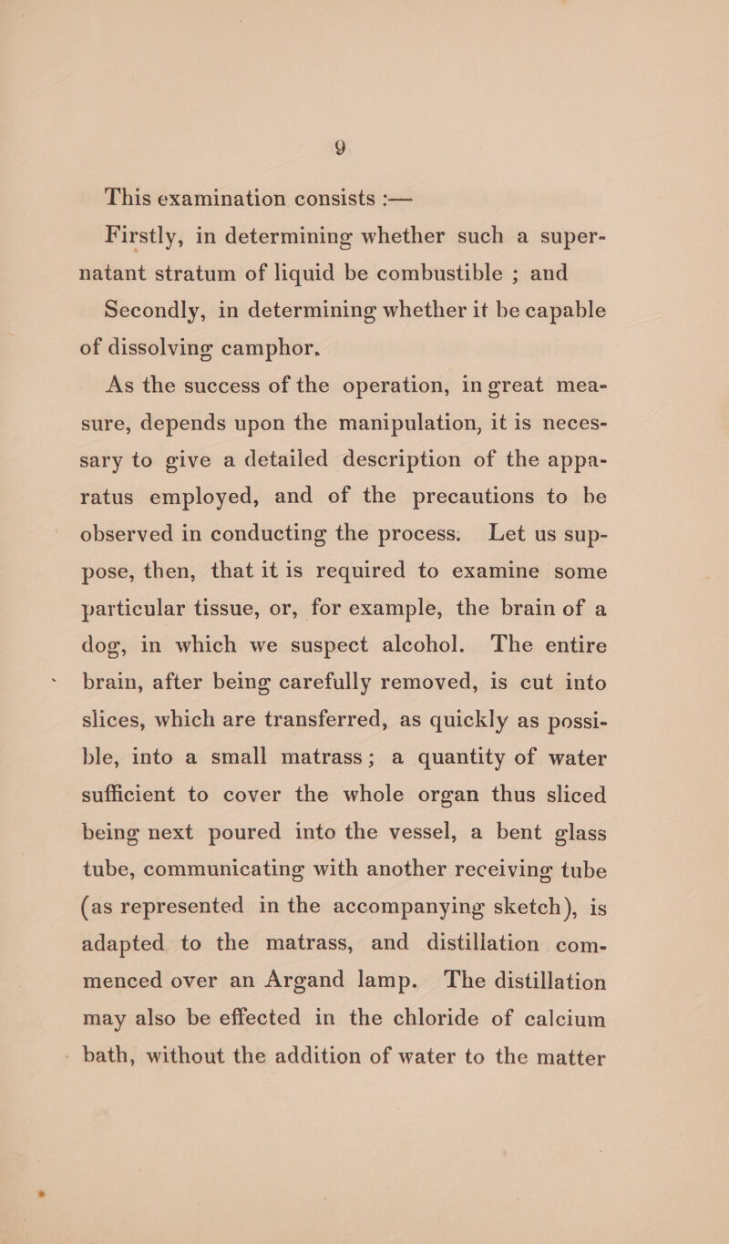 This examination consists :— Firstly, in determining whether such a super- natant stratum of liquid be combustible ; and Secondly, in determining whether it be capable of dissolving camphor, As the success of the operation, in great mea- sure, depends upon the manipulation, it is neces- sary to give a detailed description of the appa- ratus employed, and of the precautions to be observed in conducting the process. Let us sup- pose, then, that it is required to examine some particular tissue, or, for example, the brain of a dog, in which we suspect alcohol. The entire brain, after being carefully removed, is cut into slices, which are transferred, as quickly as possi- ble, into a small matrass; a quantity of water sufficient to cover the whole organ thus sliced being next poured into the vessel, a bent glass tube, communicating with another receiving tube (as represented in the accompanying sketch), is adapted to the matrass, and distillation com- menced over an Argand lamp. The distillation may also be effected in the chloride of calcium - bath, without the addition of water to the matter