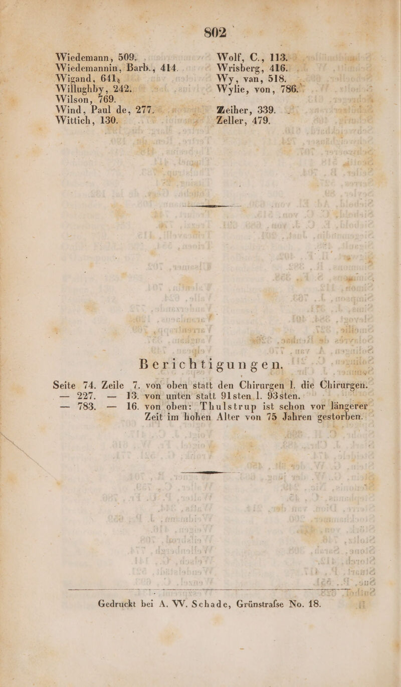 802 Wiedemann, 509. . Wolf, C., 113. aß Wiedemannin, Barb., 414. Wrisberg, ‚416. Wigand, 641; Wy, van, 518. Willughby, 242. Wylie, von, 786. ” Wilson, 769. FRE 0% Wind, Paul de, TER. 5 . Zeiher, 339. aatindad Wittich, 192... Zeller, 479. Berichtigungen, € Seite 74. Zeile 7. von oben statt den Chirurgen l. die Chirurgen. — 227. — 13. von unten’ statt Y1sten,l. 93sten. — 783. — 16. von oben: Thulstrup ist schon vor längerer Zeit im hohen Alter von 75 Jahren gestorben. Gedruckt er A, W, Schade, Grünstrafse No. 18. ir |