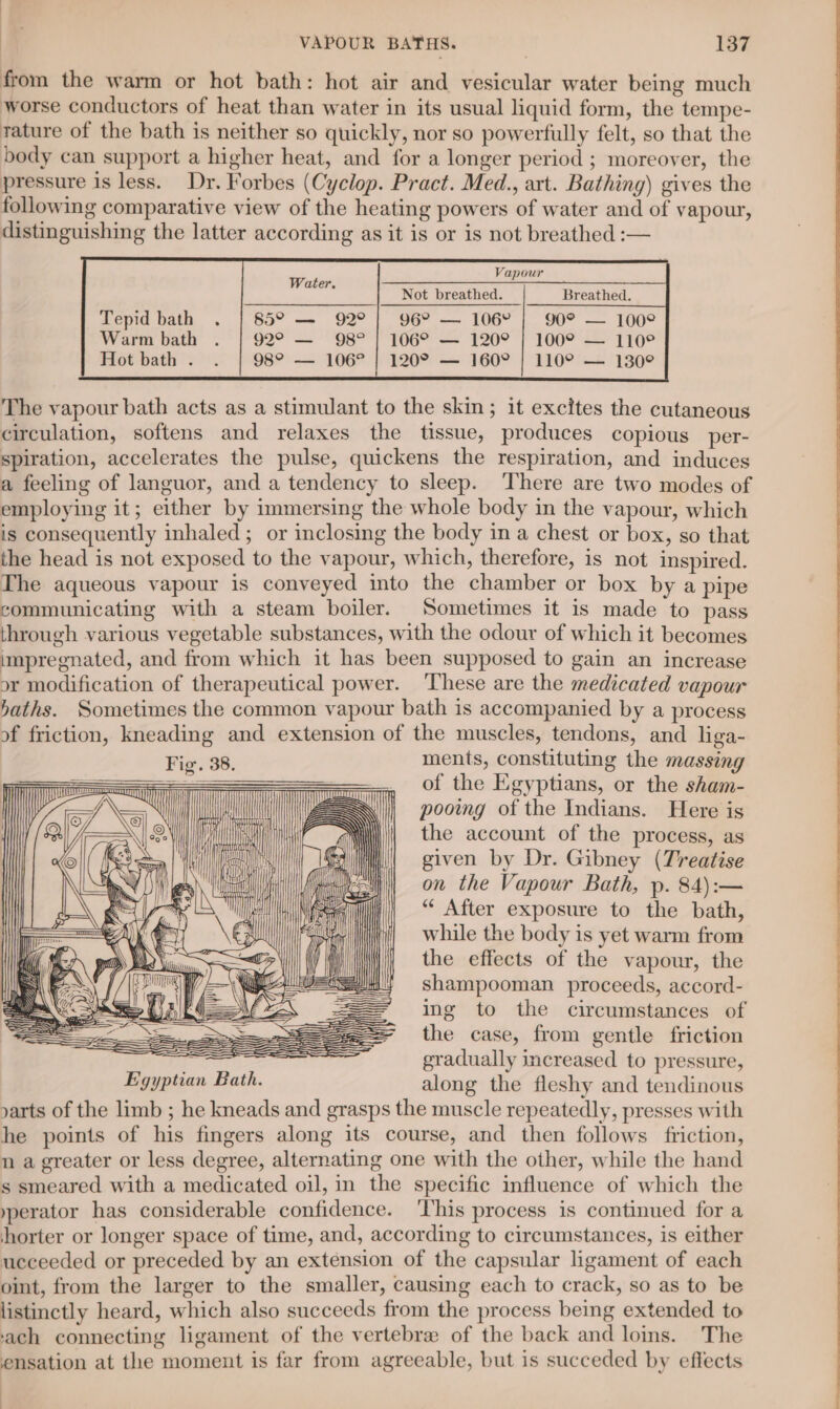 from the warm or hot bath: hot air and vesicular water being much worse conductors of heat than water in its usual liquid form, the tempe- ature of the bath is neither so quickly, nor so powerfully felt, so that the body can support a higher heat, and for a longer period ; moreover, the pressure is less. Dr. Forbes (Cyclop. Pract. Med., art. Bathing) gives the following comparative view of the heating powers of water and of vapour, distinguishing the latter according as it is or is not breathed :— Water. Warm bath . 92° — 98° | 106° — 120° | 100° — 110° Hot bath. . 98° — 106° | 120° — 160° | 110° — 130° The vapour bath acts as a stimulant to the skin; it excites the cutaneous circulation, softens and relaxes the tissue, produces copious per- spiration, accelerates the pulse, quickens the respiration, and induces a feeling of languor, and a tendency to sleep. There are two modes of employing it; either by immersing the whole body in the vapour, which is consequently inhaled ; or inclosing the body in a chest or box, so that the head is not exposed to the vapour, which, therefore, is not inspired. The aqueous vapour is conveyed into the chamber or box by a pipe communicating with a steam boiler. Sometimes it is made to pass through various vegetable substances, with the odour of which it becomes impregnated, and from which it has been supposed to gain an increase or modification of therapeutical power. These are the medicated vapour baths. Sometimes the common vapour bath is accompanied by a process of friction, kneading and extension of the muscles, tendons, and liga- Fig. 38. ments, constituting the massing ee ee of the Egyptians, or the sham- pooig of the Indians. Here is the account of the process, as given by Dr. Gibney (Treatise on the Vapour Bath, p. 84):— “‘ After exposure to the bath, while the body is yet warm from the effects of the vapour, the shampooman proceeds, accord- ing to the circumstances of the case, from gentle friction ” gradually increased to pressure, Egyptian Bath. along the fleshy and tendinous parts of the limb ; he kneads and grasps the muscle repeatedly, presses with he points of his fingers along its course, and then follows friction, n a greater or less degree, alternating one with the other, while the hand s smeared with a medicated oil, in the specific influence of which the yperator has considerable confidence. ‘This process is continued for a hhorter or longer space of time, and, according to circumstances, is either ucceeded or preceded by an extension of the capsular ligament of each oint, from the larger to the smaller, causing each to crack, so as to be listinctly heard, which also succeeds from the process being extended to ‘ach connecting ligament of the vertebre of the back and lois. The ensation at the moment is far from agreeable, but is succeded by effects