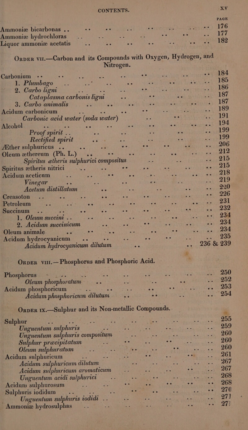 Ammoniz bicarbonas .. ore me Liquor ammoniz acetatis Nitrogen. Carbonium -- on as de o- td 1. Plumbago 2. Carbo lioni : ie Cataplasma Meehan. ligni Re oe 3. Carbo animals ey ie Acidum carbonicum ; Carbonic acid water (soda water) ee . Bigohol : nes ae a is sr Proof spirit . a3 a i Rectified spirit ad we aR Zfther sulphuricus .. : sa ve ee Oleum wthereum (Ph. L. Wi sé oe ae Ap ie Spiritus atheris sulphurict compositus ; Spiritus zetheris nitrici yt die oe Acidum aceticum i ws ee Ae Vinegar ; ae Bs ws Acetum acer chian ate Creasoton .. ape ae Re : Petroleum fe niet ne a Hs Succinum .. deh Fob ss A 1. Oleum succini .. ye ah ae ay as 2. Acidum succinicum es ae ee Oleum animale a ee Acidum hydrocyanicum he o. Acidum hytrocyanicum diliticin s K : Orper vut.— Phosphorus and Phosphoric Acid. ? Phosphorus : os Oleum phosphoratum. at as ; Acidum phosphoricum uae oe Acidum phosphoricum dilutum. oe Orper 1x.—Sulphur and its Non-metallic Compounds. Sulphur ‘2 Unguentum sulphuris : Unguentum sulphuris compositum ae 3 a Sulphur precipitatum ts ° ai oe Oleum sulphuratum 3 fis bie ce oe Acidum sulphuricum ae Acidum sulphuricum dilutum 44 Acidum sulphuricum aromaticum re i vhs oe Unguentum acidi sulphuric Acidum sulphurosum of 2 . ne ee ° Sulphuris iodidum : Unguentum sulphuris iodidi . Ammoniz hydrosulphas 199 206 212 215 Q15 218 219 220 226 231 neee 5 23 234 234 235 236 &amp; 239 250 252 . 254 * 255 259 260 260 260 261 267 267 sy eee -- 268 © 2706. 271 27)