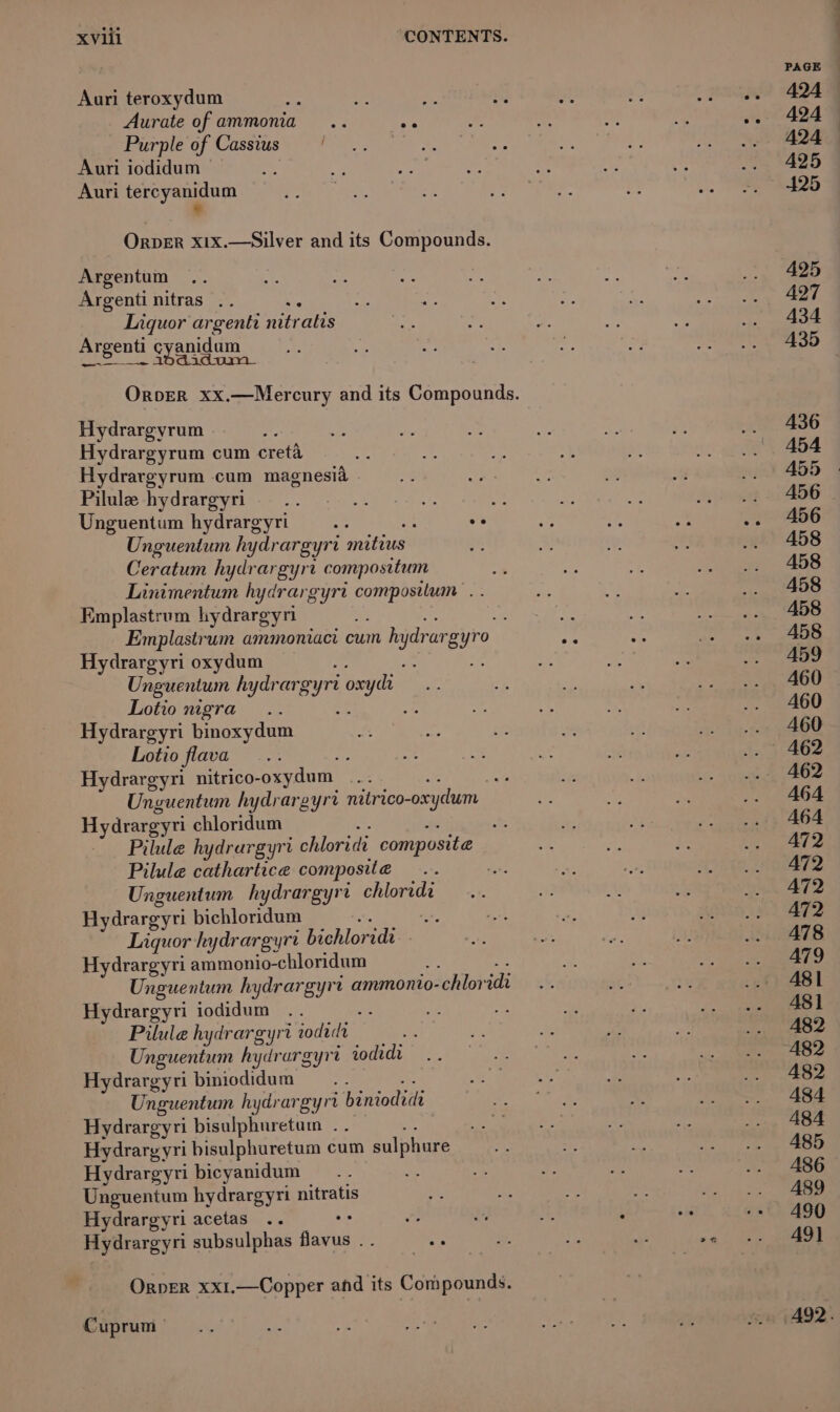 Auri teroxydum ie Aurate of ammonia... es Purple of Cassius , Auri iodidum e Auri tercyanidum . OrpDER x1x.—Silver and its Compounds. Argentum Argenti nitras . Liquor argent nitratis Argenti cyanidum REE doom Hydrargyrum Hydrargyrum cum creta Hydrargyrum cum magnesia Pilule hydrargyri a at Lae Unguentum hydrargyri - 3 ve Unguentum hydrargyrt patie Ceratum hydrargyrt compositum Linimentum hydrargyrt compositum . . Emplastrum hydrargyri : Emplastrum ammoniaci: cum hydra gyro Hydrargyri oxydum oy, Unguentum hydrarg yr oxy Lotio nigra ‘ i Hydrargyri binoxydum Lotio flava : ; Hydrargyri nitrico- oxydum: me Unguentum hydrargyrt nitrico- oxydum Hydrargyri chloridum ie Pilule hydrargyrt SiR composite Pilule cathartice composil@ +P Unguentum hydrargyrt chloridi Hydrargyri bichloridum i i, Liquor /a ydrargyrt bichlor adi Hydrargyri ammonio-chloridum Unguentum hydrar gyrt ammonio- nachos di Hydrargyri iodidum : Pilule hydrargyr 1 adie : Unguentum hydrargyr i rodidi Hydrargyri biniodidum —... Unguentum hydrarg yr hing Hydrargyri bisulphuretam . . Hydrargyri bisulphuretum cum sulphure Hydrargyri bicyanidum Unguentum hydrargyri nitratis Hydrargyri acetas Hydrargyri subsulphas aate a OrpeR xx1.—Copper and its Com pounds. Cuprum | 424 424 424 425 425 425 427 434 435 436 454 456 456 458 458 458 458 458 459 460 460 460 462 462 464 464 472 A472 472 A472 A478 A479 48 | A481 482 482 482 484 484 485 486 A489 490 49]