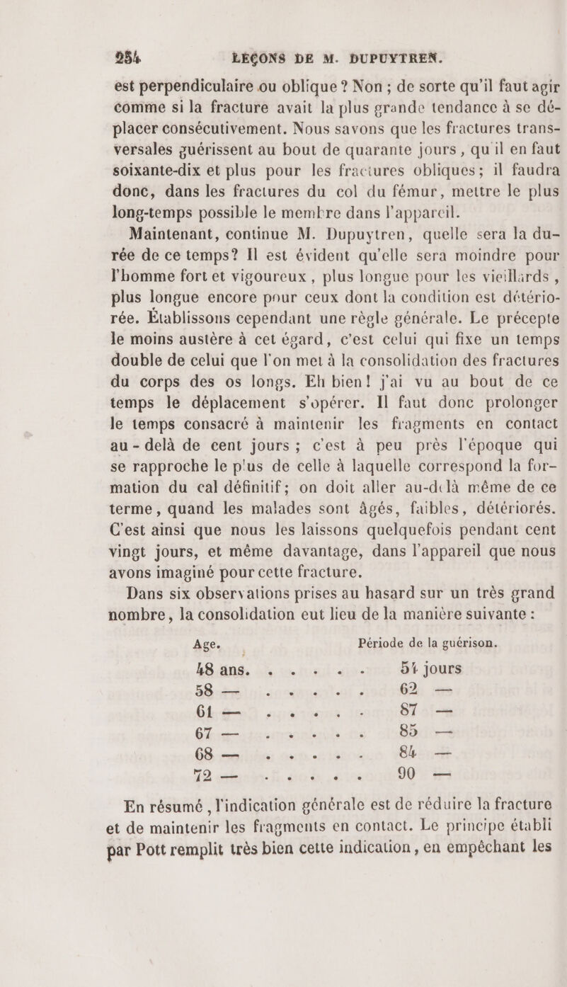 est perpendiculaire ou oblique ? Non ; de sorte qu'il faut agir comme si la fracture avait la plus grande tendance à se dé- placer consécutivement. Nous savons que les fractures trans- versales guérissent au bout de quarante jours, quil en faut soixante-dix et plus pour les fraciures obliques ; il faudra donc, dans les fractures du col du fémur, mettre le plus Jong-temps possible le membre dans l'appareil. Maintenant, continue M. Dupuytren, quelle sera la du- rée de ce temps? Il est évident qu'elle sera moindre pour l'homme fort et vigoureux, plus longue pour les vieillirds , plus longue encore pour ceux dont la condition est détério- rée. Établissons cependant une règle générale. Le précepte le moins austère à cet égard, c'est celui qui fixe un temps double de celui que l'on met à la consolidation des fractures du corps des os longs. Eh bien! j'ai vu au bout de ce temps le déplacement s'opérer. Il faut donc prolonger le temps consacré à maintenir les fragments en contact au - delà de cent jours ; c'est à peu près l'époque qui se rapproche le p'us de celle à laquelle correspond la for- mation du cal définitif; on doit aller au-dtlà même de ce terme, quand les malades sont âgés, faibles, détériorés. C'est ainsi que nous les laissons quelquefois pendant cent vingt jours, et même davantage, dans l'appareil que nous avons imaginé pour cette fracture. Dans six observations prises au hasard sur un très grand nombre, la consolidation eut lieu de la manière suivante : Age. Période de la guérison. LB fine 4 1 noel 40. 54 jours CORP 62 — Gl— . . . . . ST — GT imnnranmlen ls Da 89 — GS smmntihites Prernx ef: 1900 84 — 20 satanèn. fi. So db CVs 90 — En résumé , l'indication générale est de réduire la fracture et de maintenir les fragments en contact. Le principe établi par Pott remplit très bien cette indication , en empéchant les