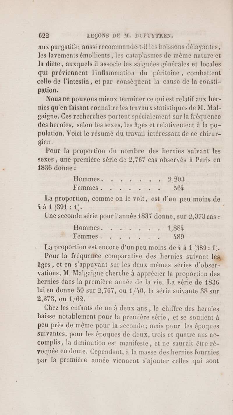 aux purgatifs ; aussi recommande:t-il les boissons délayantes, les lavements émollients, les cataplasmes de même nature et la diète, auxquels il associe les saignées générales et locales qui préviennent l'inflammation du péritoine, combattent celle de l'intestin, et par conséquent la cause de la consti- pation. Nous ne pouvons mieux terminer ce qui est relatif aux her- nies qu'en faisant connaître les travaux statistiques de M. Mal- gaigne. Ces recherches portent spécialement sur la fréquence des hernies, selon les sexes, les âges et relativement à la po- pulation. Voici le résumé du travail intéressant de ce chirur- gien. Pour la proportion du nombre des hernies suivant les sexes , une première série de 2,767 cas observés à Paris en 1836 donne : ÉCHOS 2. à à 1 su ét 0 10 OMC 2 en utore à cod 564 La proportion, comme on le voit, est d'un peu moins de Je à 1 (391 : 1). j Üne seconde série pour l’année 1837 donne, sur 2,373 cas : PROMIS 220 RES POING UP D ER PET, 489 La proportion est encore d’un peu moins de 4 à 1 (389 : 1). Pour la fréquence comparative des hernies suivant les, âges, et en s'appuyant sur les deux mêmes séries d’obser- vations, M. Malgaigne cherche à apprécier la proportion des hernies dans la première année de la vie. La série de 1836 lui en donne 50 sur 2,767, ou 1/40, la série suivante 38 sur 2,313, ou 1/62. Chez les enfants de un à deux ans, le chiffre des hernies baisse notablement pour la première série, et se soutient à peu près de même pour la seconde; mais pour les époques suivantes, pour les époques de deux, trois et quatre ans ac- complis , la diminution est manifeste, et ne saurait être ré- voquée en doute. Cependant, à la masse des hernies fournies par la première année viennent s'ajouter celles qui sont