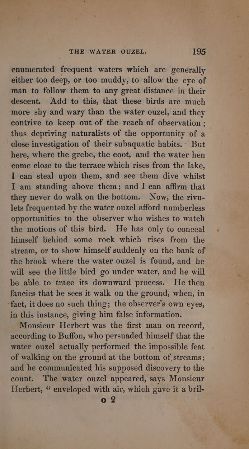 enumerated frequent waters which are generally either too deep, or too muddy, to allow the eye of man to follow them to any great distance in their descent. Add to this, that these birds are much more shy and wary than the water ouzel, and they contrive to keep out of the reach of observation ; thus depriving naturalists of the opportunity of a close investigation of their subaquatic habits. But here, where the grebe, the coot, and the water hen come close to the terrace which rises from the lake, I can steal upon them, and see them dive whilst I am standing above them; and I can affirm that they never do walk on the bottom. Now, the rivu- lets frequented by the water ouzel afford numberless opportunities to the observer who wishes to watch the motions of this bird. He has only to conceal himself behind some rock which rises from the stream, or to show himself suddenly on the bank of the brook where the water ouzel is found, and he will see the little bird go under water, and he will be able to trace its downward process. He then fancies that be sees it walk on the ground, when, in ‘fact, it does no such thing; the observer's own eyes, in this instance, giving him false information. Monsieur Herbert was the first man on record, according to Buffon, who persuaded himself that the water ouzel actually performed the impossible feat of walking on the ground at the bottom of, streams; and he communicated his supposed discovery to the count. The water ouzel appeared, says Monsieur Herbert, “ enveloped with air, which gave it a bril- 0 2 oy