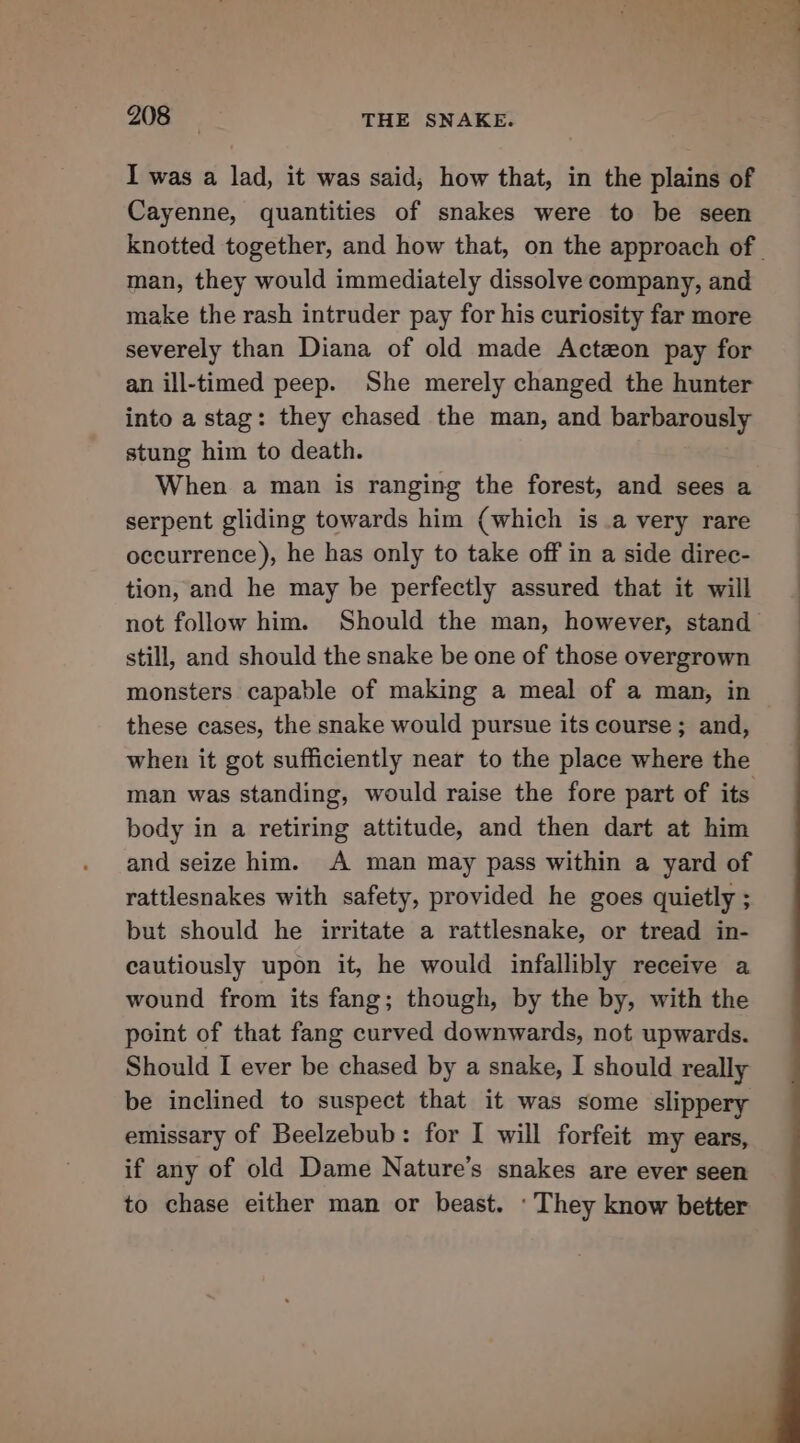 I was a lad, it was said; how that, in the plains of Cayenne, quantities of snakes were to be seen man, they would immediately dissolve company, and make the rash intruder pay for his curiosity far more severely than Diana of old made Acteon pay for an ill-timed peep. She merely changed the hunter into a stag: they chased the man, and barbarously stung him to death. When a man is ranging the forest, and sees a serpent gliding towards him (which is.a very rare occurrence), he has only to take off in a side direc- tion, and he may be perfectly assured that it will not follow him. Should the man, however, stand still, and should the snake be one of those overgrown monsters capable of making a meal of a man, in these cases, the snake would pursue its course; and, when it got sufficiently near to the place where the man was standing, would raise the fore part of its body in a retiring attitude, and then dart at him and seize him. A man may pass within a yard of rattlesnakes with safety, provided he goes quietly ; but should he irritate a rattlesnake, or tread in- cautiously upon it, he would infallibly receive a wound from its fang; though, by the by, with the point of that fang curved downwards, not upwards. Should I ever be chased by a snake, I should really be inclined to suspect that it was some slippery emissary of Beelzebub: for I will forfeit my ears, if any of old Dame Nature’s snakes are ever seen to chase either man or beast. ‘ They know better