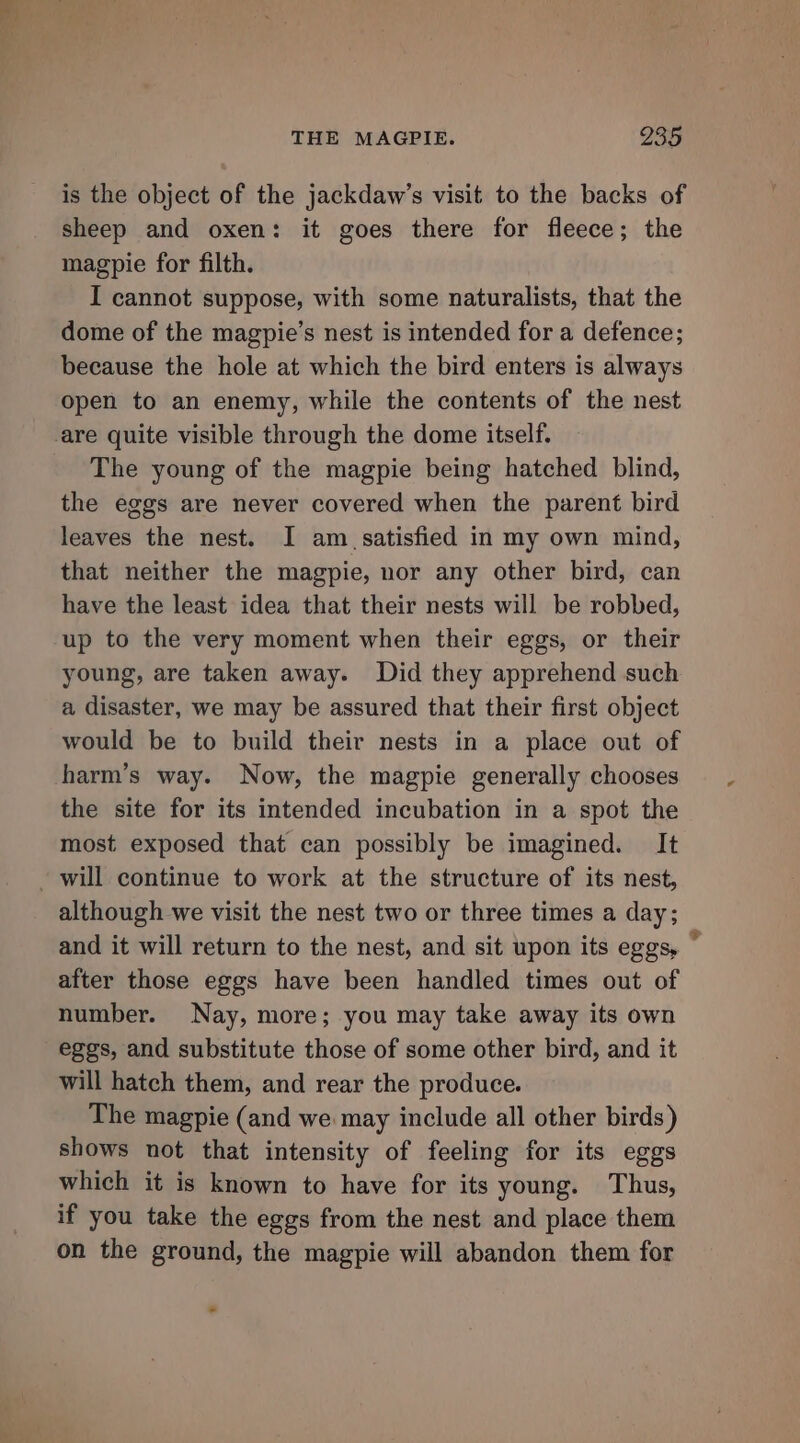 is the object of the jackdaw’s visit to the backs of sheep and oxen: it goes there for fleece; the magpie for filth. I cannot suppose, with some naturalists, that the dome of the magpie’s nest is intended for a defence; because the hole at which the bird enters is always open to an enemy, while the contents of the nest The young of the magpie being hatched blind, the eggs are never covered when the parent bird leaves the nest. I am _ satisfied in my own mind, that neither the magpie, nor any other bird, can have the least idea that their nests will be robbed, up to the very moment when their eggs, or their young, are taken away. Did they apprehend such a disaster, we may be assured that their first object would be to build their nests in a place out of harm’s way. Now, the magpie generally chooses the site for its intended incubation in a spot the most exposed that can possibly be imagined. It although we visit the nest two or three times a day; and it will return to the nest, and sit upon its eggs, ” after those eggs have been handled times out of number. Nay, more; you may take away its own eggs, and substitute those of some other bird, and it will hatch them, and rear the produce. The magpie (and we may include all other birds) shows not that intensity of feeling for its eggs which it is known to have for its young. Thus, if you take the eggs from the nest and place them on the ground, the magpie will abandon them for