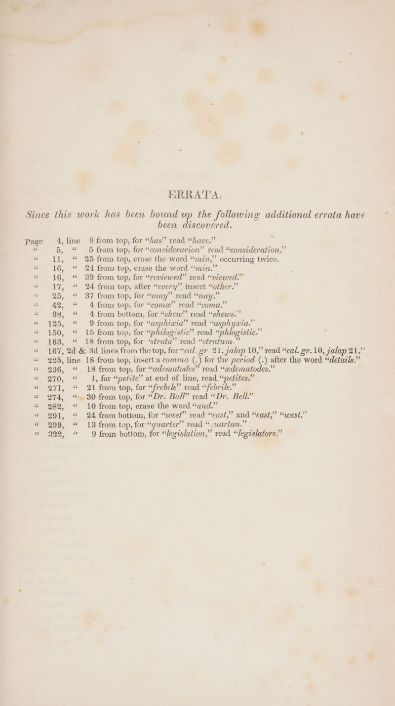 ERRATA. ce been discovered. 5, ce “ce 5 from top, for “constderarion”’ read “consideration.” 25 from top, erase the word “min,” occurring twice. 24 from top, erase the word “min.” 39 from top, for “reviewed” read “viewed.” 24 from top, after “every” insert “other.” 37 from top, for “may”’ read “nay.” A from top, for “come” read “coma.” 4 from bottom, for “shew” read “shews.” 9 from top, for “asphixia” read “asphyxia.” 15 from top, for “philogistic” read “phlogistic.” 18 from top, for ‘strata’ read “stratum.” 236, 270, 271, 274, 282, 291, 299, 6e _ 18 from top, for “adematodes” read “adematodes.” 1, for “petite” at end of line, read “petites.” 21 from top, for “frebrle” read “febrile.” _ 80 from top, for “Dr. Ball” read “Dr. Bell.” 10 from top, erase the word “and.” 24 from bottom, for “west” read “east,” and “east,” “west.” 13 from top, for “quarter” read “j;wartan.”