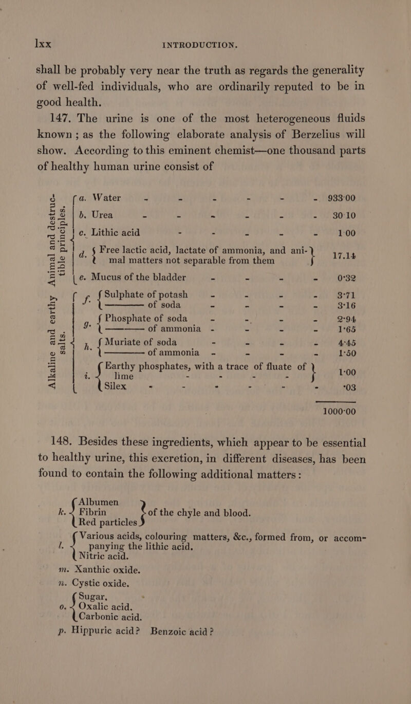 shall be probably very near the truth as regards the generality of well-fed individuals, who are ordinarily reputed to be in good health. 147, The urine is one of the most heterogeneous fluids known ; as the following elaborate analysis of Berzelius will show. According to this eminent chemist—one thousand parts of healthy human urine consist of (4. Water “J &lt; = o- - - 933°00 b, Urea &amp; - ~ 2A 2 = he SORLO !¢. Lithic acid - - Z - = 1:00 Free lactic acid, lactate of ammonia, and ani- d. } 17.14 mal matters not separable from them tible principles. a a $$$. Alkaline and Epeareny Animal and destruc- | ¢- Mucus of the bladder - - - - 0°32 t f Sulphate of potash - - - - 3°71 * (——\— of soda - - - - 3°16 Phosphate of soda ~ -. - - 2°94 of ammonia - - - ~ 1°65 2 4 &gt; _ (rat of soda - - - - 445 a —ofammonia - = 1°50 Earthy pica paEtess with a B Macs ye fate of 1-00 a lime - { Silex &gt; - - &gt; - - 03 1000-00 148. Besides these ingredients, which appear to be essential to healthy urine, this excretion, in different diseases, has been found to contain the following additional matters : Albumen k. £ Fibrin bos the chyle and blood. Red particles panying the lithic acid. Nitric acid. m. Xanthic oxide. mn. Cystic oxide. Sugar, 0. £ Oxalic acid. Carbonic acid. Various acids, colouring matters, &amp;c., formed from, or accom- 4 p. Hippuric acid? Benzoic acid?