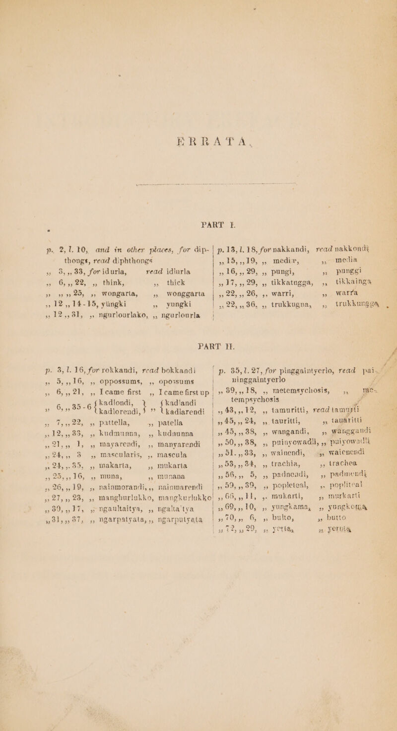 = 3? 99 93 25, 53) 12,, él, x”? 33 37 read idlurla think, 3 thick wongarta, » Wonggarta yungki nguriourlako, ,, ngurlourla » 15,,,19, ,, medix, y media », 16, ,, 29, ,, pungi, » punggi ee Ne en sites 5, tikkainga 22,5: 26s.,.cWarns, . Warra » 22, ,,36, ,, trukkugna, ,, trukkungga 39 5, 3) 16, 6... 35-6 anne } kadlandi re ee kadlorendi, kadlarendi sh baa ee ss patela, 9, patella »12,,,33, ,, kudmunna, ,, kudnunna ys 21,5) 1, 5, mayarendi, ,, manyarendi 5: 24,,, 3 4, mascularis, ,, mascula 5» 24,,.35, ,, makarta, », Inukarta 9 POS 55 10. 55. MUNA, 3, munana » 26,,,19, ;, nainmorandi,,, nainmarendi 35 27,5, 29, 5, Manghurlukko, mangkurlukko! 3 39,,,17, ys; ngaultaitya, ,, ngalta‘tya w3l,,,97, 4, Ngarpatyata,., ngarputyata 9) oppossums, ,, Opossums “e ni nggaint yerlo , 89,,,18, ,, metemsychosis, ,, tempsychosis # », £8,,,12, ,, tamuritti, read tamapti 99455 55 2h, gy. tauritti, 93. tauaritti » £5, ,,38, ,, wangandi, 5; wanggandi puinyowadll, ,. puiyowadle » 51.,,33, ,, wainendi, 4, waicnendi 93 98, 5,04, 4, trachia, > trachea 4 56,,, 5, 5, padneadi, ,, padmend: » 59,,,389, ,, popleteal, ,. popliteal iy Otlaigy th oy Mmurkartt » yongkoma » Yerba, » Mukarti, » yungkama, os YORE, 6