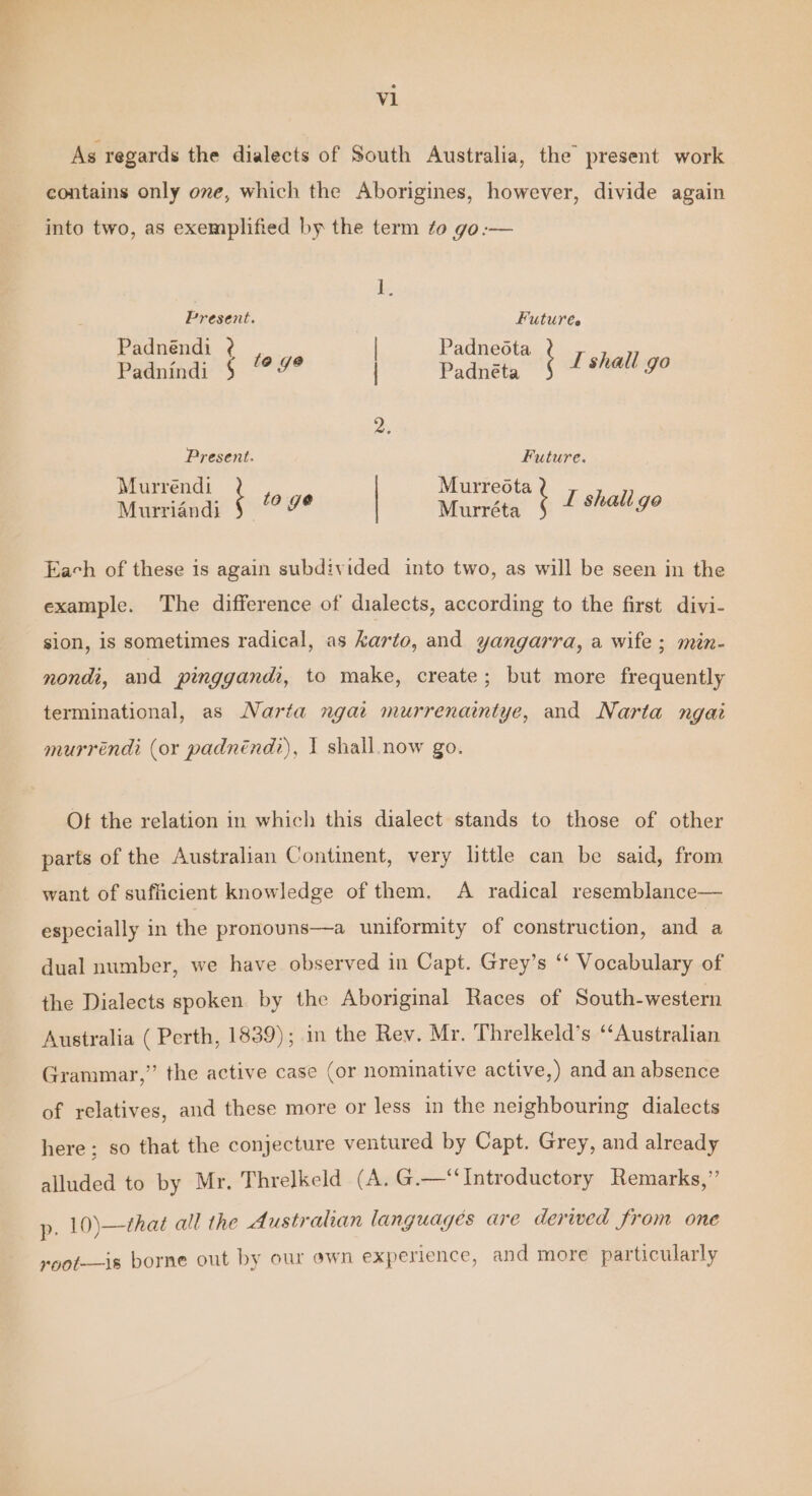 V1 As regards the dialects of South Australia, the’ present work contains only ove, which the Aborigines, however, divide again into two, as exemplified by the term to go-— ke Present. | Futures Padnéndi ? Padnedta Padnindi § rat | Padnéta L shall go 2, Present. Future. : Sa ee Ses Each of these is again subdivided into two, as will be seen in the example. The difference of dialects, according to the first divi- sion, is sometimes radical, as karto, and yangarra, a wife; min- nondt, and pinggandi, to make, create; but more frequently terminational, as Narta ngat murrenaintye, and Narta ngat murréndi (or padnéndi), 1 shall now go. Of the relation in which this dialect stands to those of other parts of the Australian Continent, very little can be said, from want of sufficient knowledge of them. A radical resemblance— especially in the pronouns—a uniformity of construction, and a dual number, we have observed in Capt. Grey’s ‘‘ Vocabulary of the Dialects spoken by the Aboriginal Races of South-western Australia ( Perth, 1839) ; in the Rev. Mr. Threlkeld’s ‘‘Australian Grammar,” the active case (or nominative active,) and an absence of relatives, and these more or less in the neighbouring dialects here; so that the conjecture ventured by Capt. Grey, and already alluded to by Mr. Threlkeld (A. G.—“‘Introductory Remarks,” p. 10)—that all the Australian languagés are deriwed from one yoot-—is borne out by our own experience, and more particularly