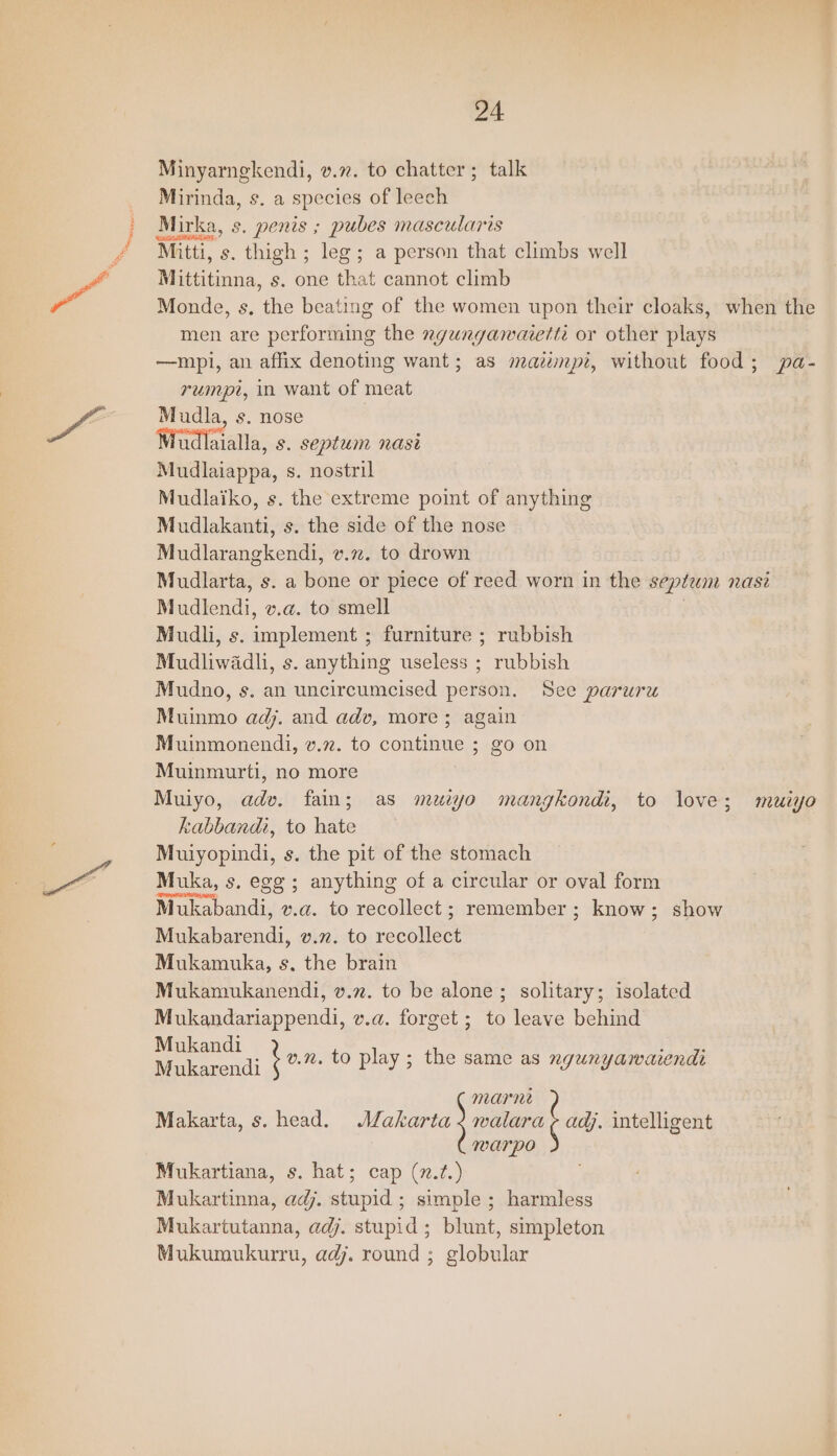 Minyarngkendi, v.2. to chatter; talk Mirka, s. penis ; pubes mascularis Mitti, s. thigh ; leg; a person that climbs well Mittitinna, s. one that cannot climb Monde, s. the beating of the women upon their cloaks, when the men are performing the ngungawaiett or other plays —mpi, an affix denoting want; as mazmpi, without food; pa- rumpi, in want of meat Mudla, s. nose Mudlaialla, s. septum nasi Mudlaiappa, s. nostril Mudlakanti, s. the side of the nose Mudlarta, s. a bone or piece of reed worn in the septem nasi Mudli, s. implement ; furniture ; rubbish Mudliwadli, s. anything useless ; rubbish Mudno, s. an uncircumcised person. See parwzrz Muinmo adj. and adv, more; again Muinmonendi, v.z. to continue ; go on Muinmurti, no more Muiyo, adv. fain; as muiyo mangkondi, to love; muiyo kabbandi, to hate Muiyopindi, s. the pit of the stomach Muka, s. egg ; anything of a circular or oval form Mukabandi, v.a@. to recollect; remember; know; show Mukabarendi, v.72. to recollect Mukamuka, s. the brain Mukamukanendi, v.2. to be alone; solitary; isolated Mukandariappendi, v.a. forget; to leave behind Mukand1i ne. a orn Mo ond ven, o play; the same as ngunyawaiendi marne Makarta, s. head. Makarta ; nwalara adj. intelligent mwarpo Mukartiana, s. hat; cap (z.2.) Mukartinna, adj. stupid ; simple ; harmless Mukartutanna, adj. stupid; blunt, simpleton Mukumukurru, adj. round ; globular own