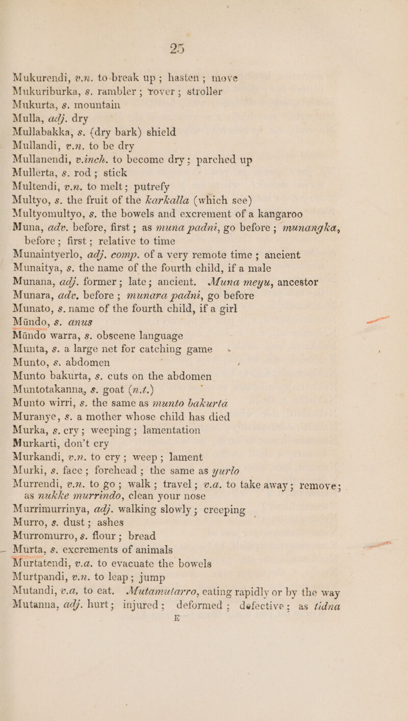 Mukurendi, v.72. to-break up; hasten; move Mukuriburka, s. rambler ; rover; stroller Mukurta, s. mountain Mulla, adj. dry Mullabakka, s. {dry bark) shield Mullandi, v.72. to be dry Mullanendi, v.irch. to become dry; parched up Mullerta, s. rod; stick Multendi, v.2. to melt; putrefy Multyo, s. the fruit of the karkalla (which sce) Multyomultyo, s. the bowels and excrement of a kangaroo Muna, adv. before, first ; as muna padni, go before ; munanghka, before ; first ; relative to time Munaintyerlo, adj. comp. of a very remote time ; ancient Munaitya, s. the name of the fourth child, if a male Munana, adj. former; late; ancient. Muna meyu, ancestor Munara, adv. before ; munara padni, go before Munato, s.name of the fourth child, if a girl Mindo, s. anus —<t Mando. warra, s. obscene language Munta, s. a large net for catching game « Munto, s. abeimen / Munto bakurta, s. cuts on the abdomen Muntotakanna, s. goat (z.¢.) Munto wii, s. the same as munto bakurta Muranye, s. a mother whose child has died Murka, s. cry; weeping; lamentation Murkarti, don’t cry Murkandi, v.72. to ery ; weep; lament Murki, s. face; forehead ; the same as yurlo Murrendi, v.72. to go; walk; travel; v.a. to take away; remove; as nukhe murrindo, clean. your nose Murrimurrinya, adj, walking slowly ; creeping Murro, s. dust; ashes Murromurro, s. flour; bread Murta, s. excrements of animals Murtatendi, v.a. to evacuate the bowels Murtpandi, v.72. to leap; jump Mutandi, v.a, to eat. Mutamutarro, eating rapidly or by the way Mutanna, adj. hurt; injured; deformed; defective; as tidna Q pare