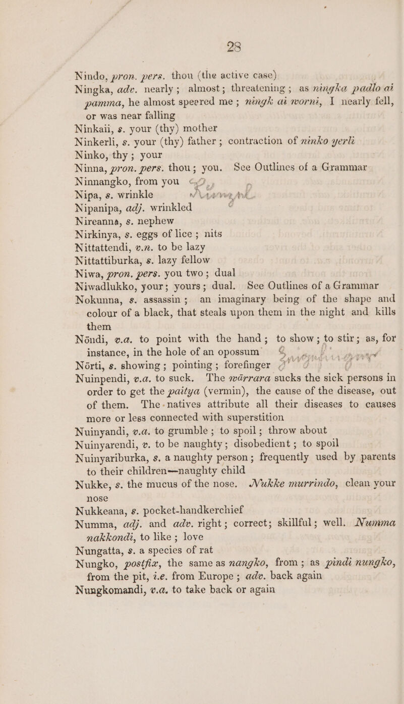 Nindo, pron. pers. thou (the active case) Ningka, adv. nearly; almost; threatening; as ninmgha padlo ai pamma, he almost speered me; nigh at worn, I nearly fell, or was near falling Ninkaii, s. your (thy) mother Ninkerli, s. your (thy) father; contraction of nimko yerle Ninko, thy ; your Ninna, pron. pers. thou; you. See Outlines of a Grammar Ninnangko, from you ‘4 Nipa, s. wrinkle eee AL Nipanipa, adj. wrinkled ¢ Nireanna, s. nephew Nirkinya, s. eggs of lice ; nits Nittattendi, v.72. to be lazy Nittattiburka, s. lazy fellow Niwa, pron, pers. you two; dual Niwadlukko, your; yours; dual. See Outlines of a Grammar Nokunna, s. assassin; an imaginary being of the shape and colour of a black, that steals upon them in the night and kills them 7 Néndi, v.a. to point with the hand; to show; to stir; as, for instance, in the hole of an opossum Pn ce Norti, s. showing ; pointing ; forefinger BO OAG os aire Nuinpendi, v.a. to suck. The wdarrara sucks the sick persons in order to get the paitya (vermin), the cause of the disease, out of them. The-natives attribute all their diseases to causes more or less connected with superstition Nuinyandi, v.@. to grumble ; to spoil; throw about Nuinyarendi, v. to be naughty; disobedient ; to spoil Nuinyariburka, s. a naughty person; frequently used by parents to their children—naughty child Nukke, s. the mucus of the nose. Maukke murrindo, clean your nose Nukkeana, s. pocket-handkerchief Numma, adj. and adv. right; correct; skillful; well. Neemma nakkondi, to like ; love Nungatta, s. a species of rat « Nungko, postfix, the sameas nangko, from; as pindi nungko, from the pit, z.e. from Europe ; adv. back again Nungkomandi, v.a. to take back or again