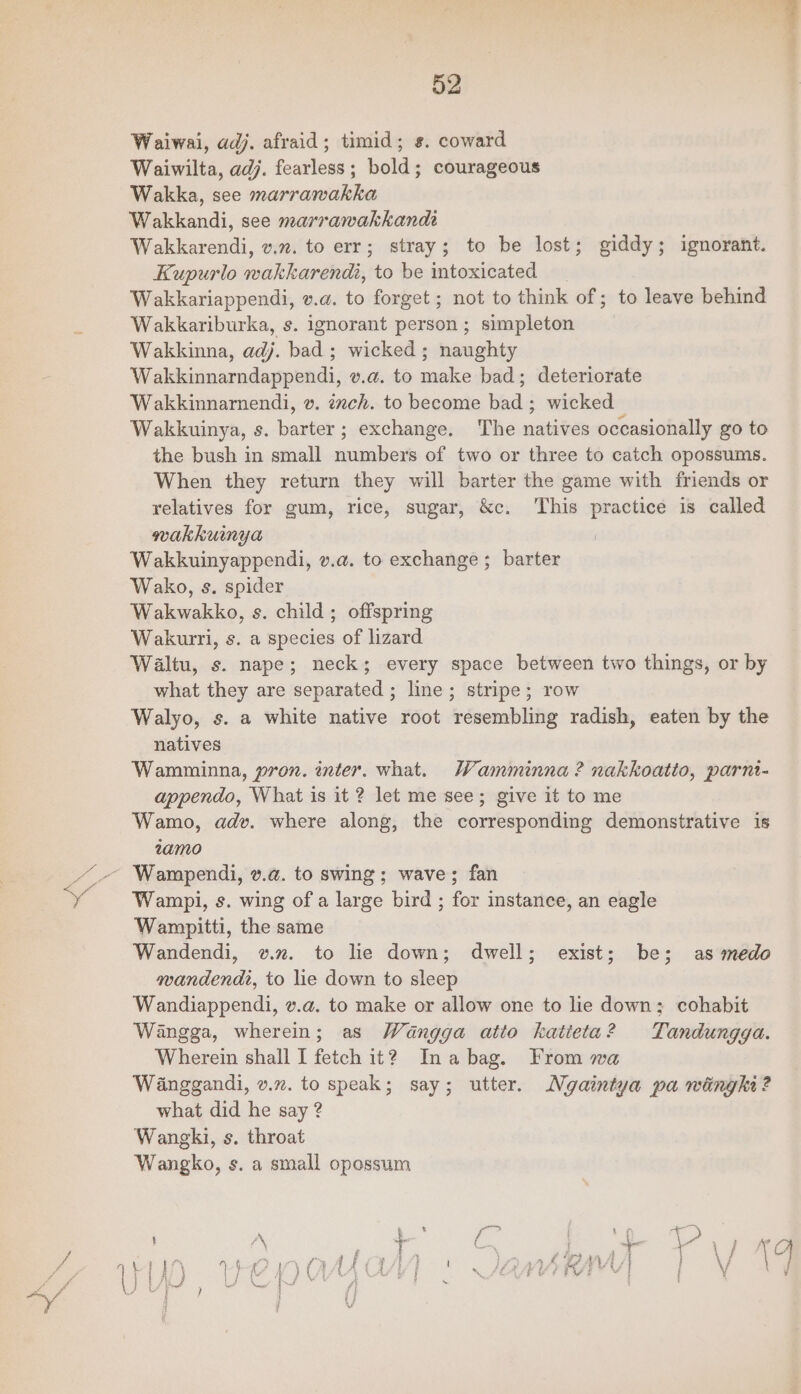 Pa Waiwai, adj. afraid; timid; ¢. coward Waiwilta, adj. fearless; bold; courageous Wakka, see marranwakka Wakkandi, see marrawakkandi Wakkarendi, v.m. to err; stray; to be lost; giddy; ignorant. Kupurlo wakkarendi, to be intoxicated Wakkariappendi, v.a. to forget; not to think of; to leave behind Wakkariburka, s. ignorant person; simpleton Wakkinna, adj. bad ; wicked ; naughty Wakkinnarndappendi, v.a. to make bad; deteriorate Wakkinnarnendi, v. ézch. to become bad ; wicked Wakkuinya, s. barter; exchange. The natives occasionally go to the bush in small numbers of two or three to catch opossums. When they return they will barter the game with friends or relatives for gum, rice, sugar, &amp;c. This practice is called wakkuinya Wakkuinyappendi, v.a. to exchange ; barter Wako, s. spider Wakwakko, s. child; offspring Wakurri, s. a species of lizard Waltu, s. nape; neck; every space between two things, or by what they are separated ; line; stripe; row Walyo, s. a white native root resembling radish, eaten by the natives Wamminna, pron. inter. what. Wamminna? nakkoatto, parni- appendo, What is it 2? let me see; give it to me Wamo, adv. where along, the corresponding demonstrative is zamo Wampl, s. wing of a large bird ; for instance, an eagle Wampitti, the same Wandendi, w.v. to lie down; dwell; exist; be; as medo aandendt, to lie down to sleep Wandiappendi, v.a. to make or allow one to lie down; cohabit Wangga, wherein; as Wangga atto katieta? Tandungga. Wherein shall I fetch it? Inabag. From wa Wanggandi, v.v. to speak; say; utter. Ngaintya pa wingki? what did he say ? Wangki, s. throat Wangko, s. a small opossum