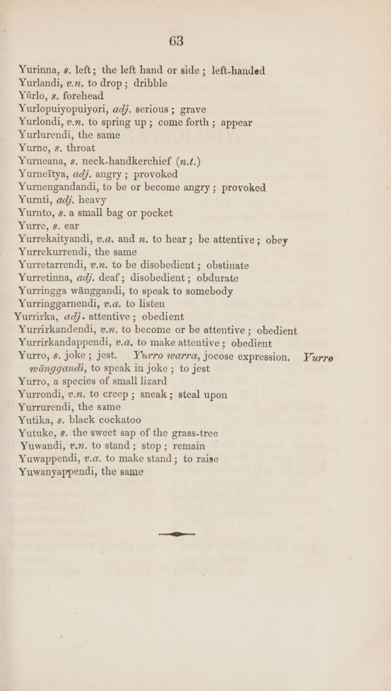 Yurinna, s. left; the left hand or side; left-handed Yurlandi, v.2. to drop; dribble Yirlo, s. forehead Yurlopuiyopuiyori, adj. serious ; grave Yurlondi, v7.7. to spring up ; come forth ; appear Yurlurendi, the same Yurne, s. throat Yurneana, s. neck-handkerchief (7.¢.) Yurneitya, adj. angry ; provoked Yurnengandandi, to be or become angry ; provoked Yurnti, adj. heavy Yurnto, s. a small bag or pocket Yurre, s. ear Yurrekaityandi, v.a. and . to hear; be attentive; obey Yurrekurrendi, the same Yurretarrendi, v.27. to be disobedient ; obstinate Yurretinna, adj. deaf; disobedient ; obdurate Yurringga winggandi, to speak to somebody Yurringgarnendi, v.@. to listen Yurrirka, adj. attentive ; obedient Yurrirkandendi, v.27. to become or be attentive ; obedient Yurrirkandappendi, v.@, to make attentive ; obedient Yurro, s. joke; jest. Yaerro warra, jocose expression. YVurre minggandi, to speak in joke ; to jest Yurro, a species of small lizard Yurrondi, v.%. to creep ; sneak; steal upon Yurrurendi, the same Yutika, s. black cockatoo Yutuke, s. the sweet sap of the grass-tree Yuwandi, v.7%. to stand; stop; remain Yuwappendi, v.a. to make stand; to raise Yuwanyappendi, the same