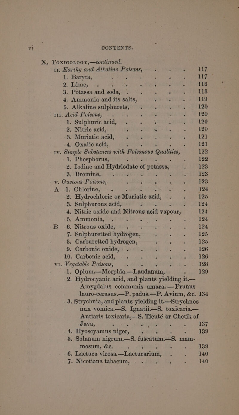 u. Earthy and Alkaline creek : : : 117 1. Baryta, ; : 3 . : fal 2. Lime, -. , ‘ ; . , 118 3. Potassa and nda? - ‘ ' ° : 118 4. Ammonia and its salts, eer ‘ 119 5. Alkaline sulphurets, . ° es a 126 111. Acid Poisons, . ; : ; , ‘ 120 1. Sulphuric acid, . : : ‘ ; 120 2. Nitric acid, é : a j 120 3. Muriatic acid, ‘ : , : : 121 4, Oxalic acid, : : : 121 ty. Simple Substances with Poisonous Qualities, 122 1. Phosphorus, : ‘ 122 2. Iodine and Hydriodate af potissa; i 123 3. Bromine, : . : . : ; 123 v. Gaseous Poisons, : ; 4 ; ; 123 A 1. Chlorine, . : : 124 2. Hydrochloric or Musiatic acid, é . 125 3. Sulphurous acid, : ; 124 4, Nitric oxide and Nitrous aca aon) 124 5. Ammonia, . : “abe . ; 124 B_ 6. Nitrous oxide, ; - é - 124 7. Sulphuretted hydtogen; ; : : 125 8. Carburetted hydrogen, ; : . 125 9. Carbonic oxide, . 2 , : : 126 10. Carbonic acid, . ‘ : : ; 126 vi. Vegetable Poisons, 4 ; . 128 1. Opium.—Morphia. —Latdandm, ‘ 129 2. Hydrocyanic acid, and plants yielding it.— Amygdalus communis amara. — Prunus lauro-cerasus.—P. padus.—P. Avium, &amp;c. 134 3. Strychnia, and plants yielding it.—Strychnos nux vomica.—§S. Ignatiii—S. toxicaria.— Antiaris Dae Tieuté or Chetik of Java, : yo ee : 137 4, Hyoscyamus hier, ° : ° 139 5. Solanum nigrum.—S. fabedtim: —S. mam- mosum, &amp;c. ‘ : , : 139 6. Lactuca virosa, ~Lactucariai ; : 140 7. Nicotiana tabacum, . . “ : 140