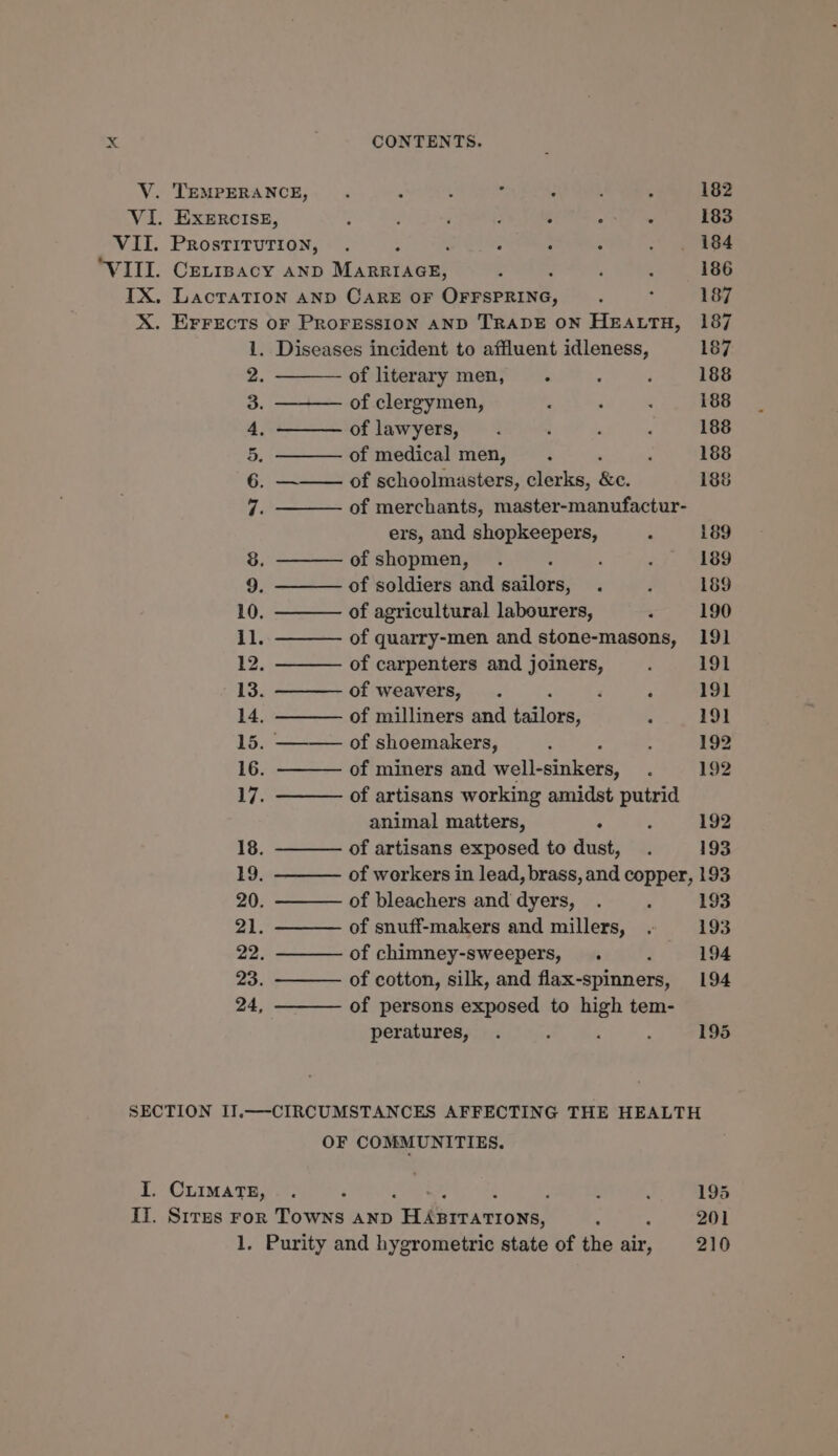 V. TEMPERANCE, . : 3 : : 5 182 VI. EXeERcise£, ; é ; . : . : 183 VII. PRostiTuTiIon, . : e : : ‘ 184 ‘VIII. Cenrrpacy AND Minetien! i : ; : 186 IX. Lactation AND CARE OF OFFSPRING, : ; 187 X. EFFrEctTs OF PROFESSION AND TRADE ON HEALTH, 187 1. Diseases incident to affluent idleness, 187 2 of literary men, . ; ‘ 188 3 of clergymen, : : : 188 4 of lawyers, . : ; ‘ 188 5. of medical men, . . ; 188 6. ——— of schoolmasters, clerks, &amp;c. 188 7 of merchants, master-manufactur- ers, and shopkeepers, : 189 3. of shopmen, . : ; 189 9. of soldiers and wate ; : 189 10. of agricultural labourers, 3 190 il of quarry-men and stone-masons, 191 12. of carpenters and joiners, : 191 13. of weavers, . ‘ ; 191 14. of milliners and elena : 19] 15. —-— of shoemakers, : : 192 16. of miners and well-sinkers, : 192 17. of artisans working amidst putrid animal matters, ‘ ‘ 192 18. of artisans exposed to dust, . 193 19. of workers in lead, brass, and copper, 193 20. of bleachers and dyers, . ‘ 193 21 of snuff-makers and millers, . 193 22. of chimney-sweepers, . ; 194 23. of cotton, silk, and flax-spinners, 194 24, of persons exposed to ria tem- peratures, . ; : 195 SECTION II.—CIRCUMSTANCES AFFECTING THE HEALTH OF COMMUNITIES. I. CuimaTE,.. : a é : . 195 Ii. Sirps For Towns AND oa eterk eons! ; é 201 1, Purity and hygrometric state of the air, 210