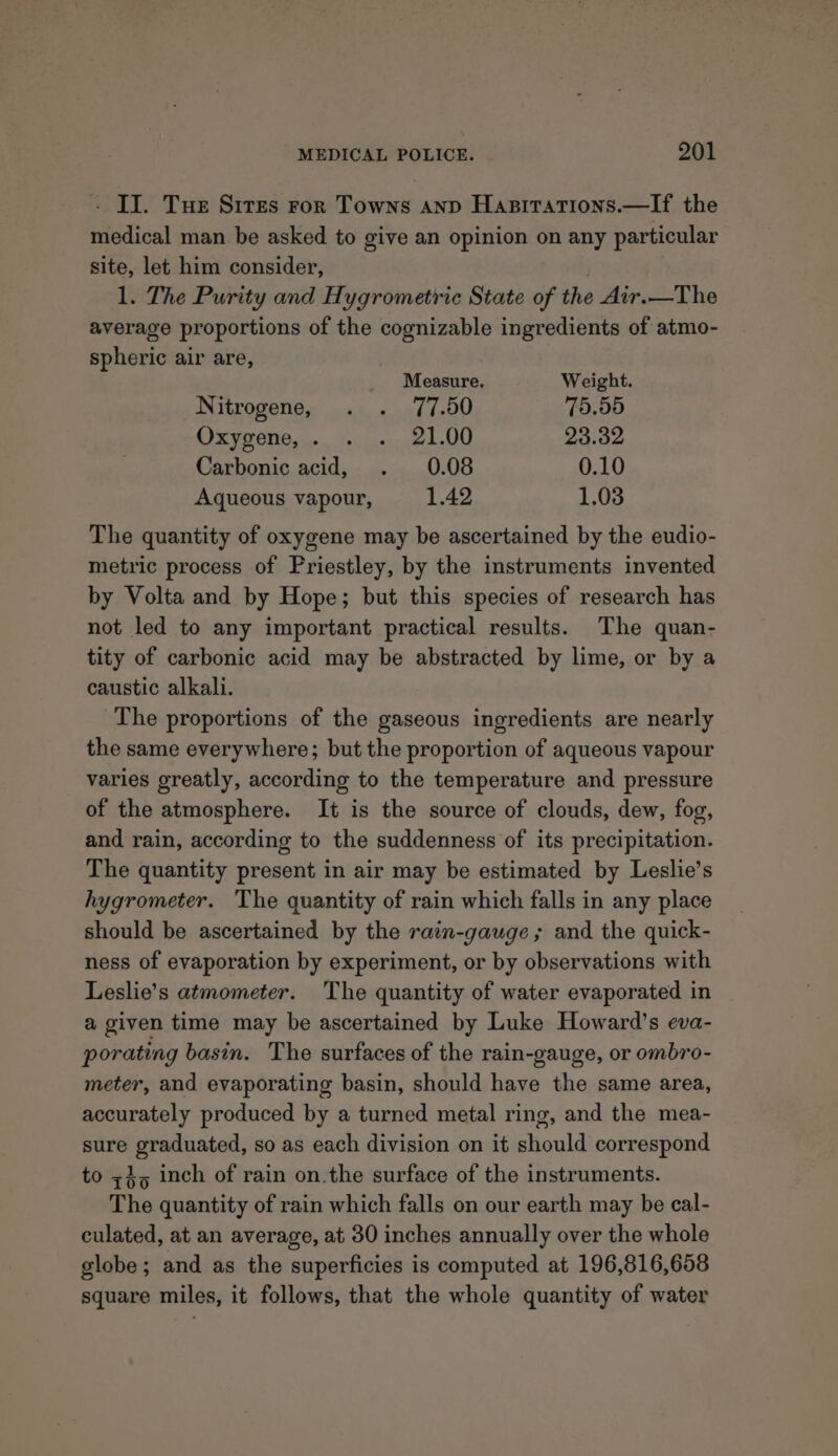 - II. Tue Sires ror Towns anp Hasirations.—If the medical man be asked to give an opinion on any particular site, let him consider, . 1. The Purity and Hygrometric State of the Air.—The average proportions of the cognizable ingredients of atmo- spheric air are, _ Measure. Weight. Nitrogene, . . 77.50 75.59 Oxygene,... .... 21.00 23.32 Carbonic acid, . 0.08 0.10 Aqueous vapour, 1.42 1.03 The quantity of oxygene may be ascertained by the eudio- metric process of Priestley, by the instruments invented by Volta and by Hope; but this species of research has not led to any important practical results. The quan- tity of carbonic acid may be abstracted by lime, or by a caustic alkali. The proportions of the gaseous ingredients are nearly the same everywhere; but the proportion of aqueous vapour varies greatly, according to the temperature and pressure of the atmosphere. It is the source of clouds, dew, fog, and rain, according to the suddenness of its precipitation. The quantity present in air may be estimated by Leslie’s hygrometer. The quantity of rain which falls in any place should be ascertained by the rain-gauge ; and the quick- ness of evaporation by experiment, or by observations with Leslie’s atmometer. The quantity of water evaporated in a given time may be ascertained by Luke Howard’s eva- porating basin. The surfaces of the rain-gauge, or ombro- meter, and evaporating basin, should have the same area, accurately produced by a turned metal ring, and the mea- sure graduated, so as each division on it should correspond to z3, inch of rain on.the surface of the instruments. The quantity of rain which falls on our earth may be cal- culated, at an average, at 30 inches annually over the whole globe; and as the superficies is computed at 196,816,658 square miles, it follows, that the whole quantity of water