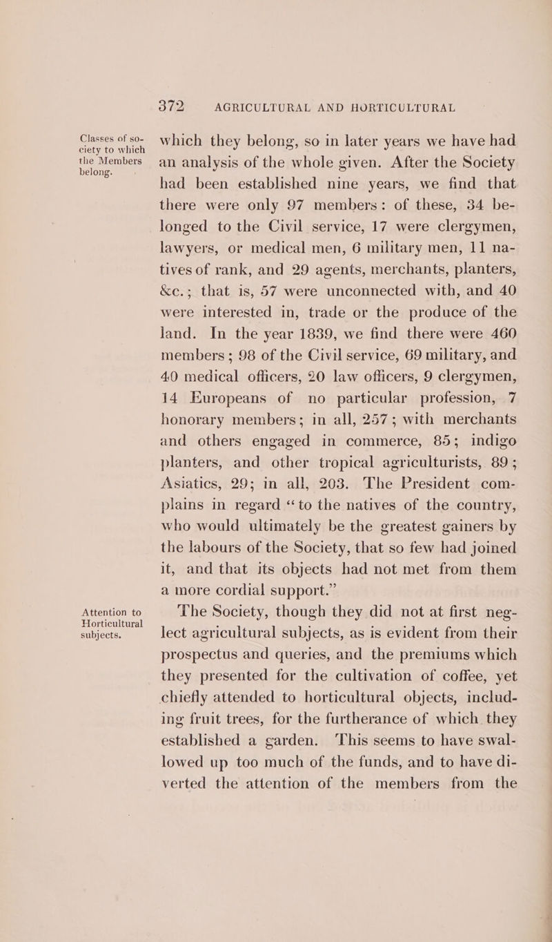 Classes of so- ciety to which the Members belong. Attention to Horticultural subjects. Sho AGRICULTURAL AND HORTICULTURAL which they belong, so in later years we have had an analysis of the whole given. After the Society had been established nine years, we find that there were only 97 members: of these, 34 be- longed to the Civil service, 17 were clergymen, lawyers, or medical men, 6 military men, 11 na- tives of rank, and 29 agents, merchants, planters, &amp;e. 5 were interested in, trade or the produce of the land. In the year 1839, we find there were 460 members ; 98 of the Civil service, 69 military, and 40 medical officers, 20 law officers, 9 clergymen, that is, 57 were unconnected with, and 40 14 Europeans of no particular profession, 7 honorary members; in all, 257; with merchants and others engaged in commerce, 85; indigo planters, and other tropical agriculturists, 89 ; Asiatics, 29; in all, 203. The President com- plains in regard ‘to the natives of the country, who would ultimately be the greatest gainers by the labours of the Society, that so few had joined it, and that its objects had not met from them a more cordial support.” The Society, though they did not at first neg- lect agricultural subjects, as is evident from their prospectus and queries, and the premiums which they presented for the cultivation of coffee, yet ing fruit trees, for the furtherance of which. they established a garden. ‘This seems to have swal- lowed up too much of the funds, and to have di- verted the attention of the members from the