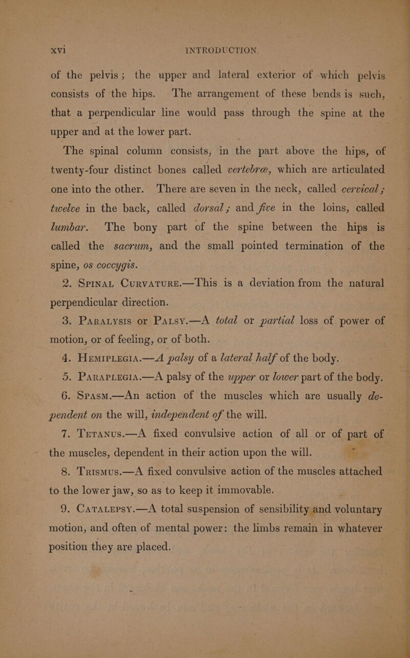 of the pelvis; the upper and lateral exterior of which pelvis consists of the hips. The arrangement of these bends is such, that a perpendicular line would pass through the spine at the upper and at the lower part. The spinal column consists, in the part above the hips, of twenty-four distinct bones called vertebre, which are articulated | one into the other. ‘There are seven in the neck, called cervical ; twelve in the back, called dorsal; and five in the loins, called lumbar. The bony part of the spine between the hips is called the sacrwm, and the small pointed termination of the spine, 08 coccygis. 2. Spina, Curvature.—This is a deviation from the natural perpendicular direction. 3. Paratnysis or Parsy.—A total or partial loss of power of motion, or of feeling, or of both. 4. Hemrprecia.—A palsy of a lateral half of the body. 5. ParapLecia.—A palsy of the wpper or lower part of the body. 6. Spasm.—An action of the muscles which are usually de- pendent on the will, endependent of the will. ae nis the muscles, dependent in their action upon the will. 8. Trismus.—A fixed convulsive action of the muscles attached to the lower jaw, so as to keep it immovable. 9. CataLepsy.—A total suspension of sensibility and voluntary motion, and often of mental power: the limbs remain in whatever position they are placed.