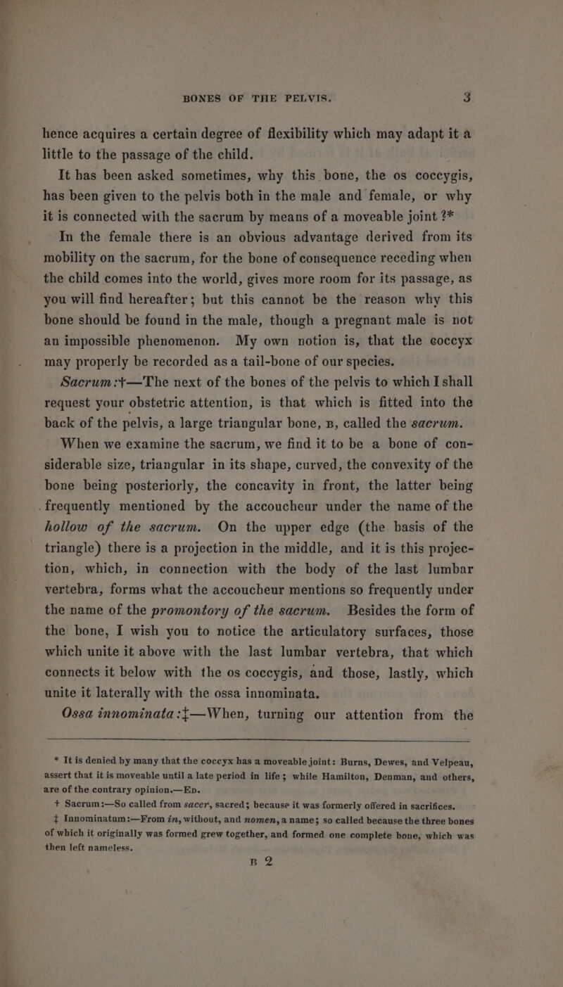 hence acquires a certain degree of flexibility which may adapt it a little to the passage of the child. It has been asked sometimes, why this bone, the os coccygis, has been given to the pelvis both in the male and female, or why it is connected with the sacrum by means of a moveable joint ¢* In the female there is an obvious advantage derived from its mobility on the sacrum, for the bone of consequence receding when the child comes into the world, gives more room for its passage, as you will find hereafter; but this cannot be the reason why this bone should be found in the male, though a pregnant male is not an impossible phenomenon. My own notion is, that the eoccyx may properly be recorded asa tail-bone of our species. Sacrum :+—The next of the bones of the pelvis to which I shall request your obstetric attention, is that which is fitted into the back of the pelvis, a large triangular bone, B, called the sacrum. When we examine the sacrum, we find it to be a bone of con- siderable size, triangular in its shape, curved, the convexity of the hollow of the sacrum. On the upper edge (the basis of the triangle) there is a projection in the middle, and it is this projec- tion, which, in connection with the body of the last lumbar vertebra, forms what the accoucheur mentions so frequently under the name of the promontory of the sacrum. Besides the form of the bone, I wish you to notice the articulatory surfaces, those which unite it above with the last lumbar vertebra, that which connects it below with the os coccygis, and those, lastly, which unite it laterally with the ossa innominata. Ossa innominata:{—When, turning our attention from the * It is denied by many that the coccyx has a moveable joint: Burns, Dewes, and Velpeau, assert that it is moveable until a late period in life; while Hamilton, Denman, and others, are of the contrary opinion.—Eb. + Sacrum:—So called from sacer, sacred; because it was formerly offered in sacrifices. ¢ Innominatum:—From in, without, and momen, a name; so called because the three bones of which it originally was formed grew together, and formed one complete bone, which was then left nameless. Bg