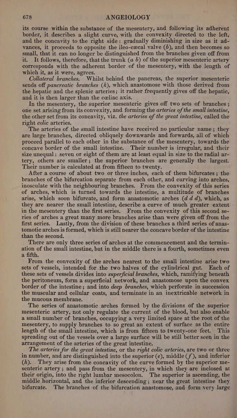 its course within the substance of the mesentery, and following its adherent border, it describes a slight curve, with the convexity directed to the left, and the concavity to the right side: gradually diminishing in size as it ad- vances, it proceeds to opposite the ileo-cecal valve (0), and then becomes so small, that it can no longer be distinguished from the branches given off from it. It follows, therefore, that the trunk (a 5) of the superior mesenteric artery corresponds with the adherent border of the mesentery, with the length of which it, as it were, agrees. Collateral branches. Whilst behind the pancreas, the superior mesenteric sends off pancreatic branches (k), which anastomose with those derived from the hepatic and the splenic arteries; it rather frequently gives off the hepatic, and it is then larger than the ceeliac axis. In the mesentery, the superior mesenteric gives off two sets of branches ; one set arising from its convexity, and forming the arteries of the small intestine, the other set from its concavity, viz. the arteries of the great intestine, called the right colic arteries. The arteries of the small intestine have received no particular name; they are large branches, directed obliquely downwards and forwards, all of which proceed parallel to each other in the substance of the mesentery, towards the concave border of the small intestine. Their number is irregular, and their size unequal: seven or eight of them are at least equal in size to the radial ar- tery, others are smaller; the superior branches are generally the largest. Their number is calculated at from fifteen to twenty. After a course of about two or three inches, each of them bifurcates ; the branches of the bifurcation separate from each other, and curving into arches, inosculate with the neighbouring branches. From the convexity of this series of arches, which is turned towards the intestine, a multitude of branches arise, which soon bifurcate, and form anastomotic arches (dd d), which, as they are nearer the small intestine, describe a curve of much greater extent in the mesentery than the first series. From the convexity of this second se- ries of arches a great many more branches arise than were given off from the first series. Lastly, from the division of these branches a third series of anas- tomotic arches is formed, which is still nearer the concave border of the intestine than the second. There are only three series of arches at the commencement and the termin- ation of the small intestine, but in the middle there is a fourth, sometimes even a fifth. From the convexity of the arches nearest to the small intestine arise two sets of vessels, intended for the two halves of the cylindrical gut. Each of these sets of vessels divides into superficial branches, which, ramifying beneath the peritoneum, form a superficial network, and anastomose upon the convex border of the intestine; and into deep branches, which perforate in succession the muscular and cellular coats, and terminate in an inextricable network in the mucous membrane. The series of anastomotic arches formed by the divisions of the superior mesenteric artery, not only regulate the current of the blood, but also enable a small number of branches, occupying a very limited space at the root of the mesentery, to supply branches to so great an extent of surface as the entire length of the small intestine, which is from fifteen to twenty-one feet. ‘This spreading out of the vessels over a large surface will be still better seen in the arrangement of the arteries of the great intestine. The arteries for the great intestine, or the right colic arteries, are two or three in number, and are distinguished into the superior (e), middle (f), and inferior (h). They arise from the concavity of the curve formed by the superior me- senteric artery; and pass from the mesentery, in which they are inclosed at their origin, into the right lumbar mesocolon. The superior is ascending, the middle horizontal, and the inferior descending ; near the great intestine they bifurcate. The branches of the bifurcation anastomose, and form very large