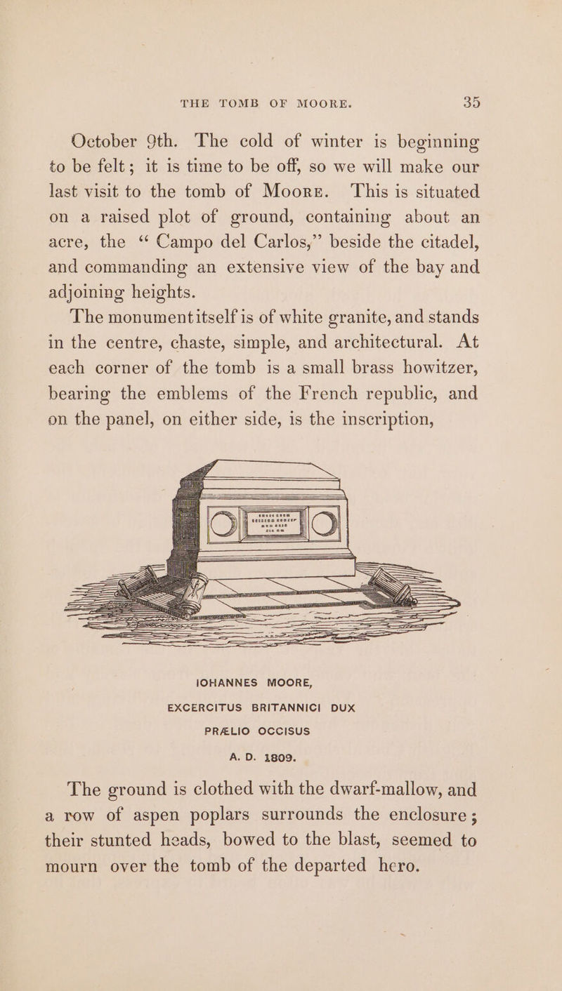 October 9th. The cold of winter is beginning to be felt; it is time to be off, so we will make our last visit to the tomb of Moore. ‘This is situated on a raised plot of ground, containing about an acre, the ‘ Campo del Carlos,” beside the citadel, and commanding an extensive view of the bay and adjoining heights. The monumentitself is of white granite, and stands in the centre, chaste, simple, and architectural. At each corner of the tomb is a small brass howitzer, bearing the emblems of the French republic, and on the panel, on either side, is the inscription, T seseecese fil h| BESGESS Beazer | e eee est ete ee IOHANNES MOORE, EXCERCITUS BRITANNICI DUX PRALIO OCCISUS A. D. 1809. The ground is clothed with the dwarf-mallow, and a row of aspen poplars surrounds the enclosure ; their stunted heads, bowed to the blast, seemed to mourn over the tomb of the departed hero.