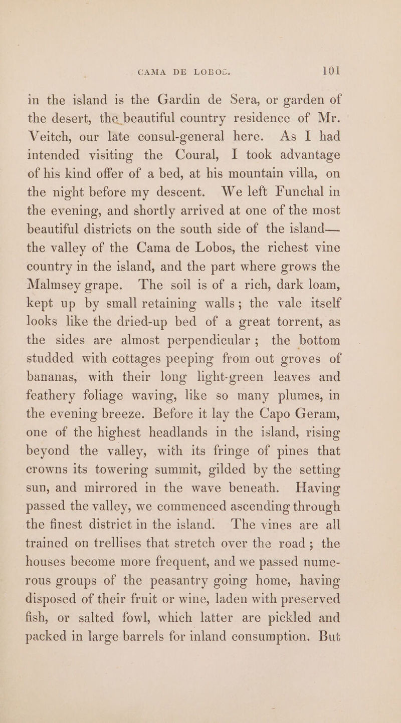 in the island is the Gardin de Sera, or garden of the desert, the beautiful country residence of Mr. Veitch, our late consul-general here. As I had intended visiting the Coural, I took advantage of his kind offer of a bed, at his mountain villa, on the night before my descent. We left Funchal in the evening, and shortly arrived at one of the most beautiful districts on the south side of the island— the valley of the Cama de Lobos, the richest vine country in the island, and the part where grows the Malmsey grape. The soil is of a rich, dark loam, kept up by small retaining walls; the vale itself looks like the dried-up bed of a great torrent, as the sides are almost perpendicular ; the bottom studded with cottages peeping from out groves of bananas, with their long lght-green leaves and feathery foliage waving, lke so many plumes, in the evening breeze. Before it lay the Capo Geram, one of the highest headlands in the island, rising beyond the valley, with its fringe of pines that crowns its towering summit, gilded by the setting sun, and mirrored in the wave beneath. Having passed the valley, we commenced ascending through the finest district in the island. ‘The vines are all trained on trellises that stretch over the road; the houses become more frequent, and we passed nume- rous groups of the peasantry going home, having disposed of their fruit or wine, laden with preserved fish, or salted fowl, which latter are pickled and packed in large barrels for inland consumption. But